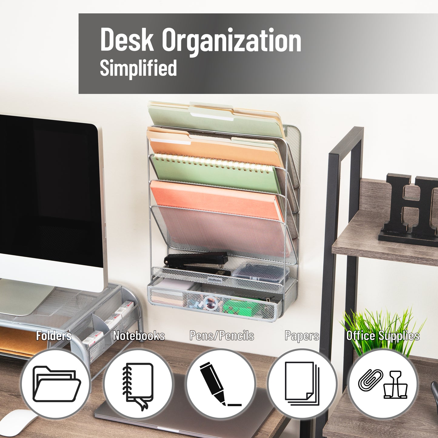Mind Reader 4-Tier Vertical File Storage, Desktop Organizer, Wall Mount, Office, Metal Mesh, 12.5"L x 4"W x 16.5"H, Black