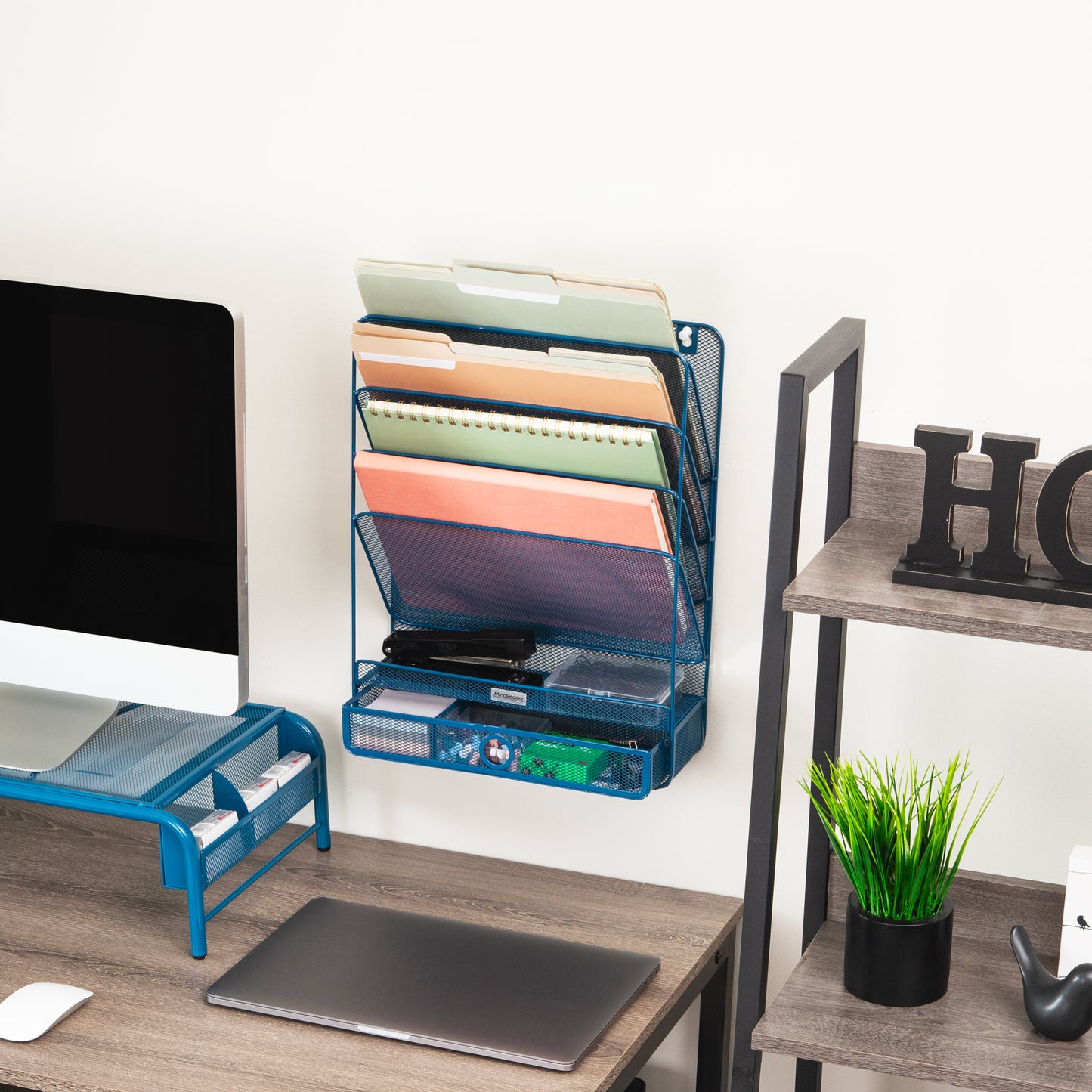 Mind Reader 4-Tier Vertical File Storage, Desktop Organizer, Wall Mount, Office, Metal Mesh, 12.5"L x 4"W x 16.5"H, Black