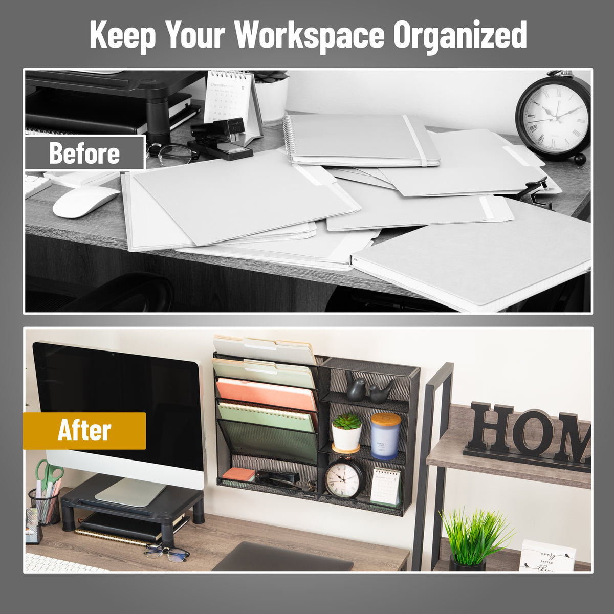 Mind Reader 4-Tier Vertical File Storage and Shelves, Desktop Organizer, Wall Mount, Office, Metal Mesh, 22.5"L x 4"W x 16"H, Black