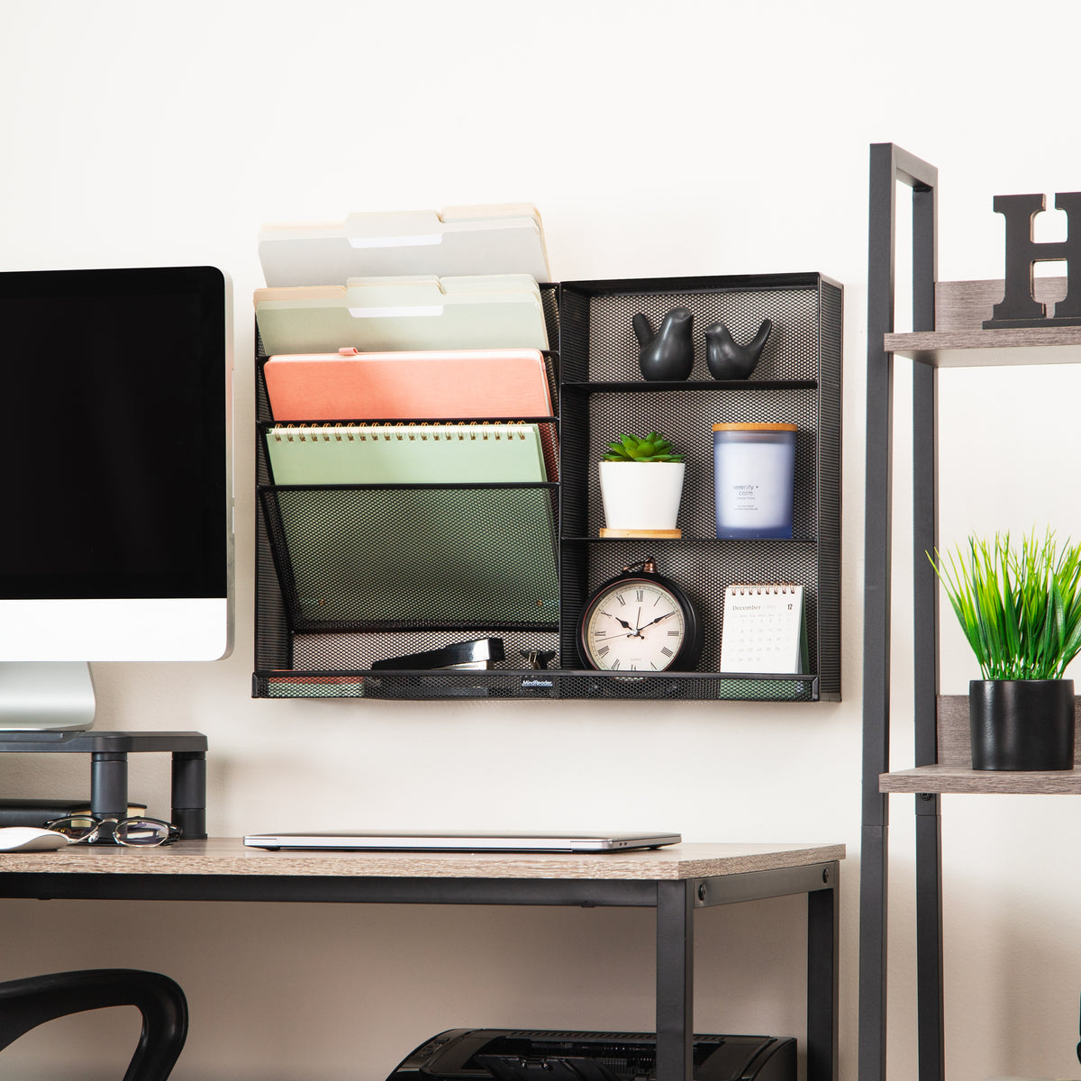 Mind Reader 4-Tier Vertical File Storage and Shelves, Desktop Organizer, Wall Mount, Office, Metal Mesh, 22.5"L x 4"W x 16"H, Black