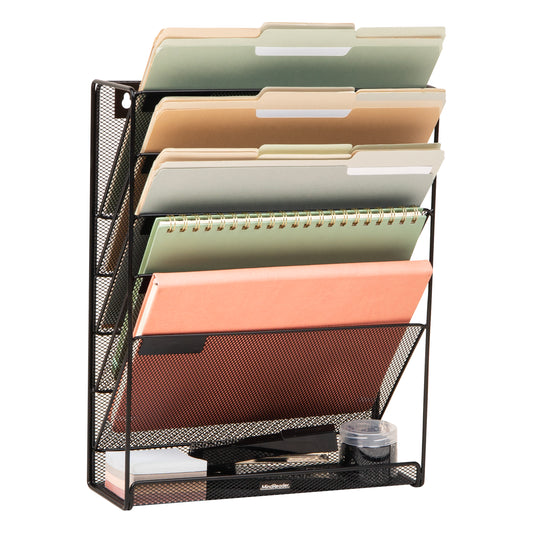 Mind Reader 5-Tier Vertical File Storage, Desktop Organizer, Wall Mount, Office, Metal Mesh, 12.75"L x 4"W x 16"H