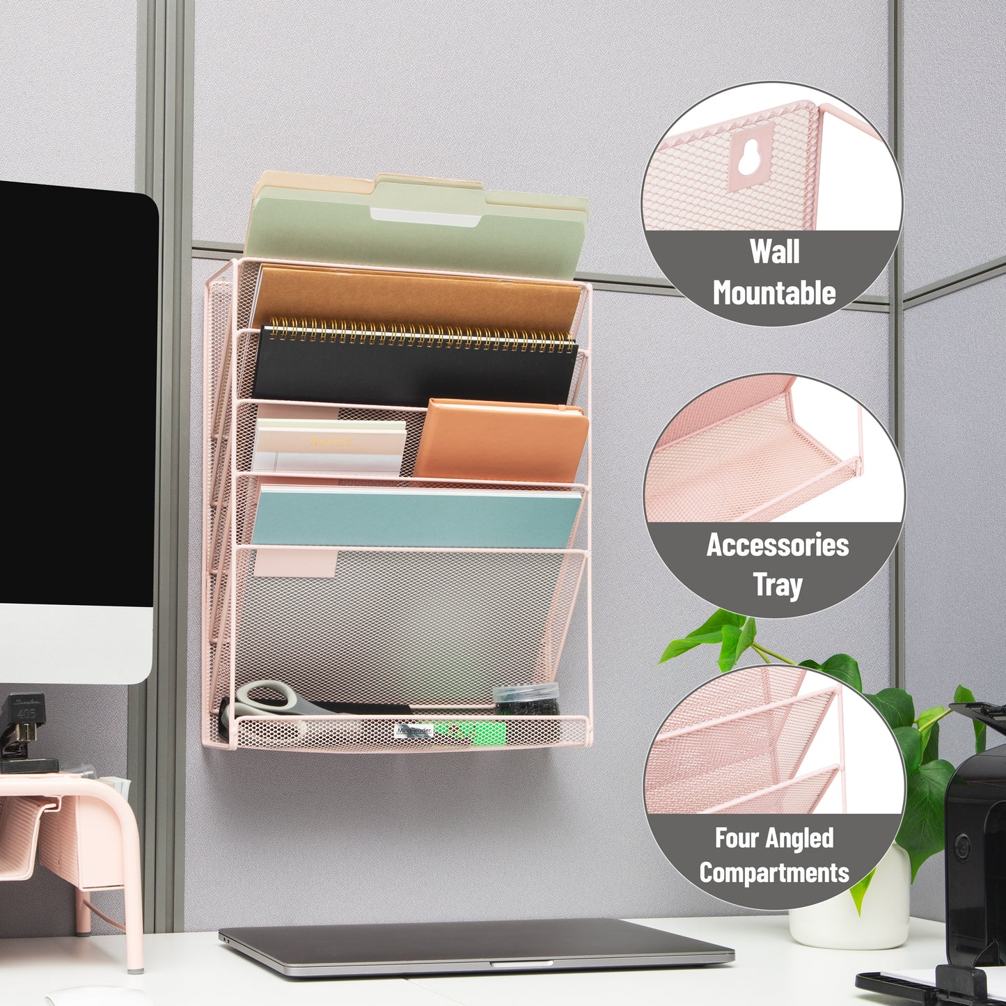 Mind Reader 5-Tier Vertical File Storage, Desktop Organizer, Wall Mount, Office, Metal Mesh, 12.75"L x 4"W x 16"H