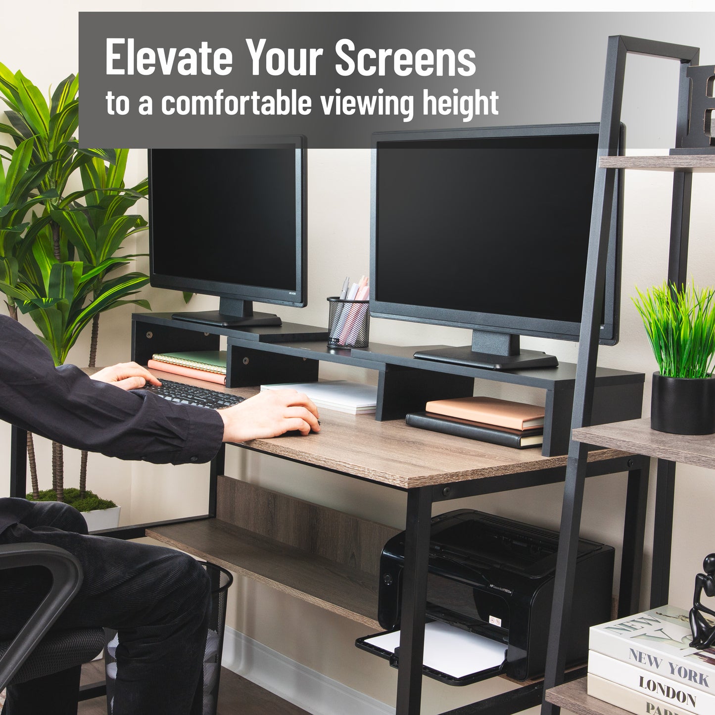 Mind Reader Dual Monitor Stand, Adjustable MDF Desktop Riser for Laptop, Monitor, TV, Expands to 51.25" Wide, Office or Home