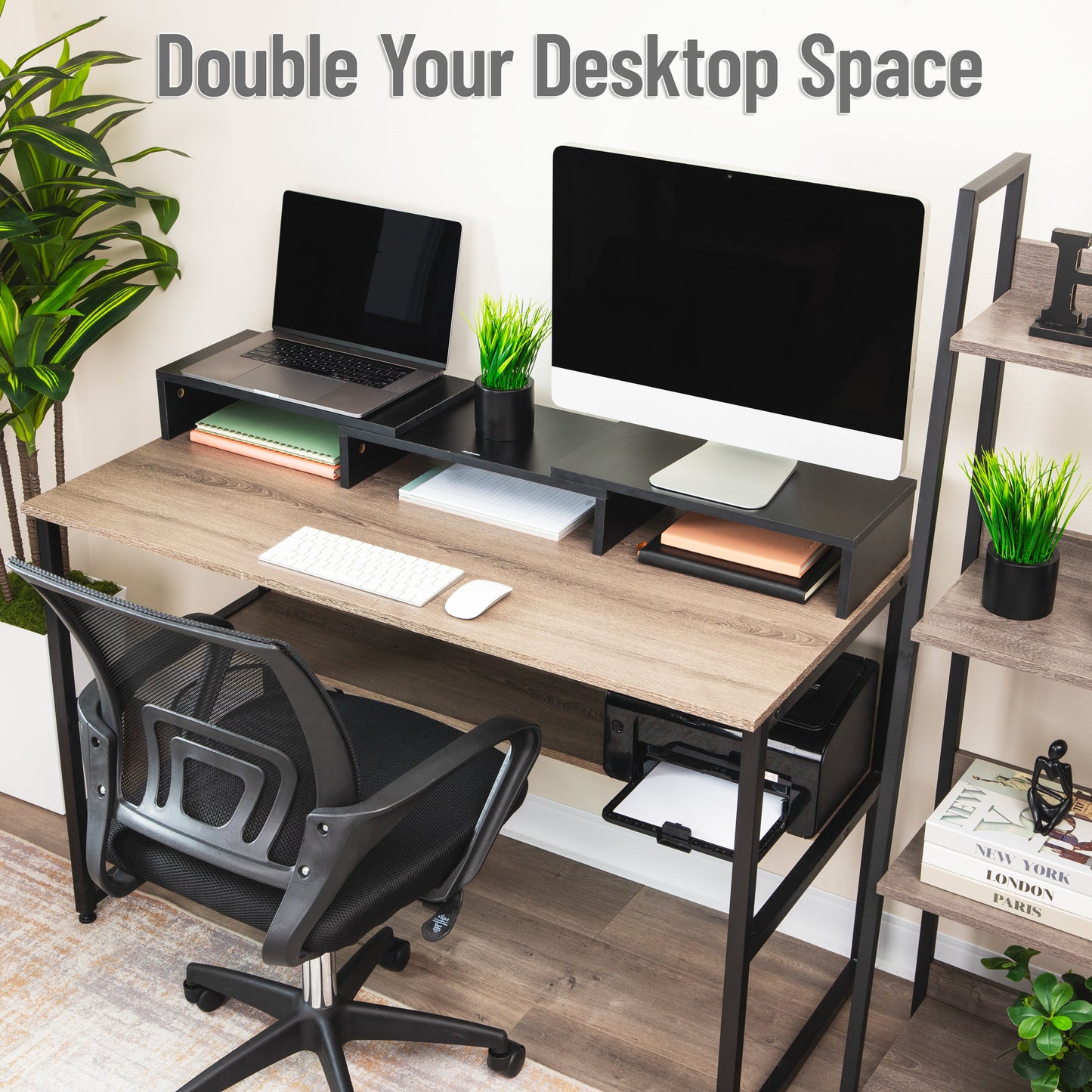 Mind Reader Dual Monitor Stand, Adjustable MDF Desktop Riser for Laptop, Monitor, TV, Expands to 51.25" Wide, Office or Home