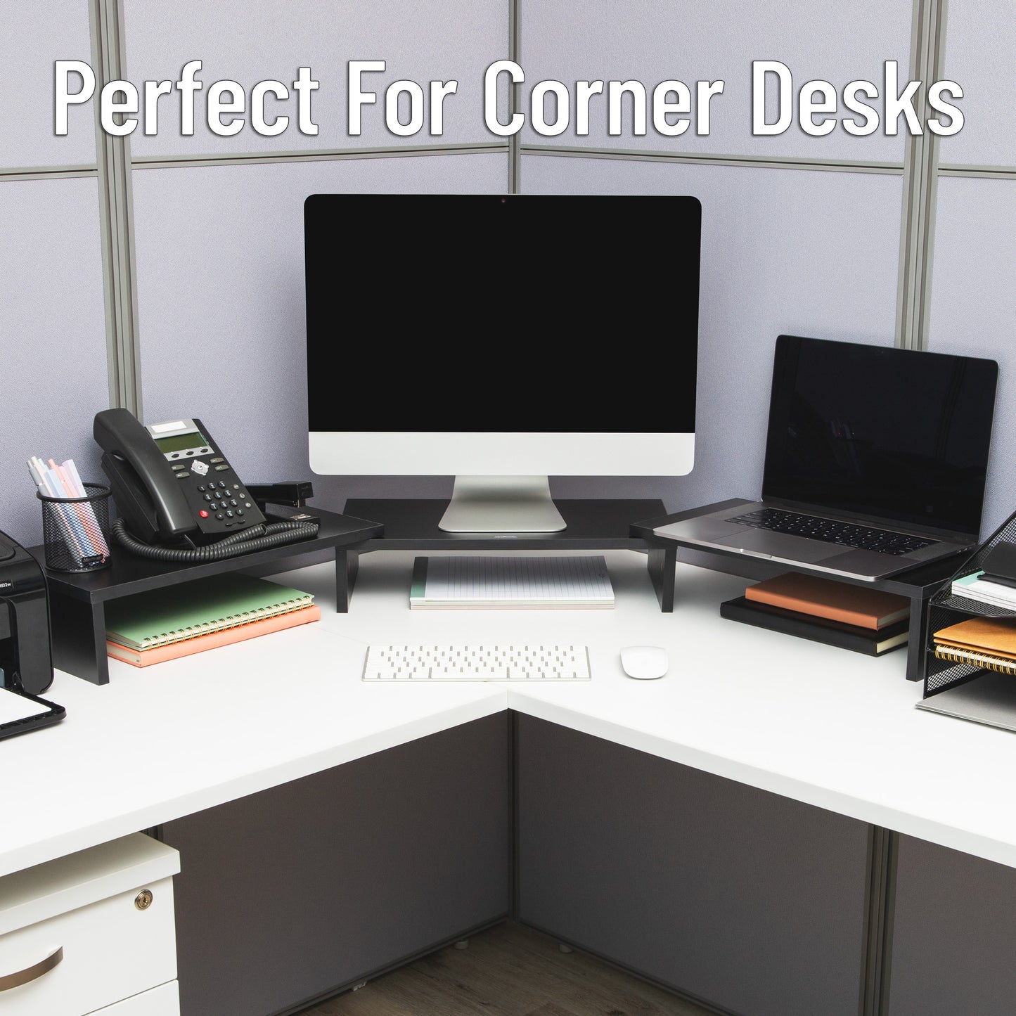 Mind Reader Dual Monitor Stand, Adjustable MDF Desktop Riser for Laptop, Monitor, TV, Expands to 51.25" Wide, Office or Home