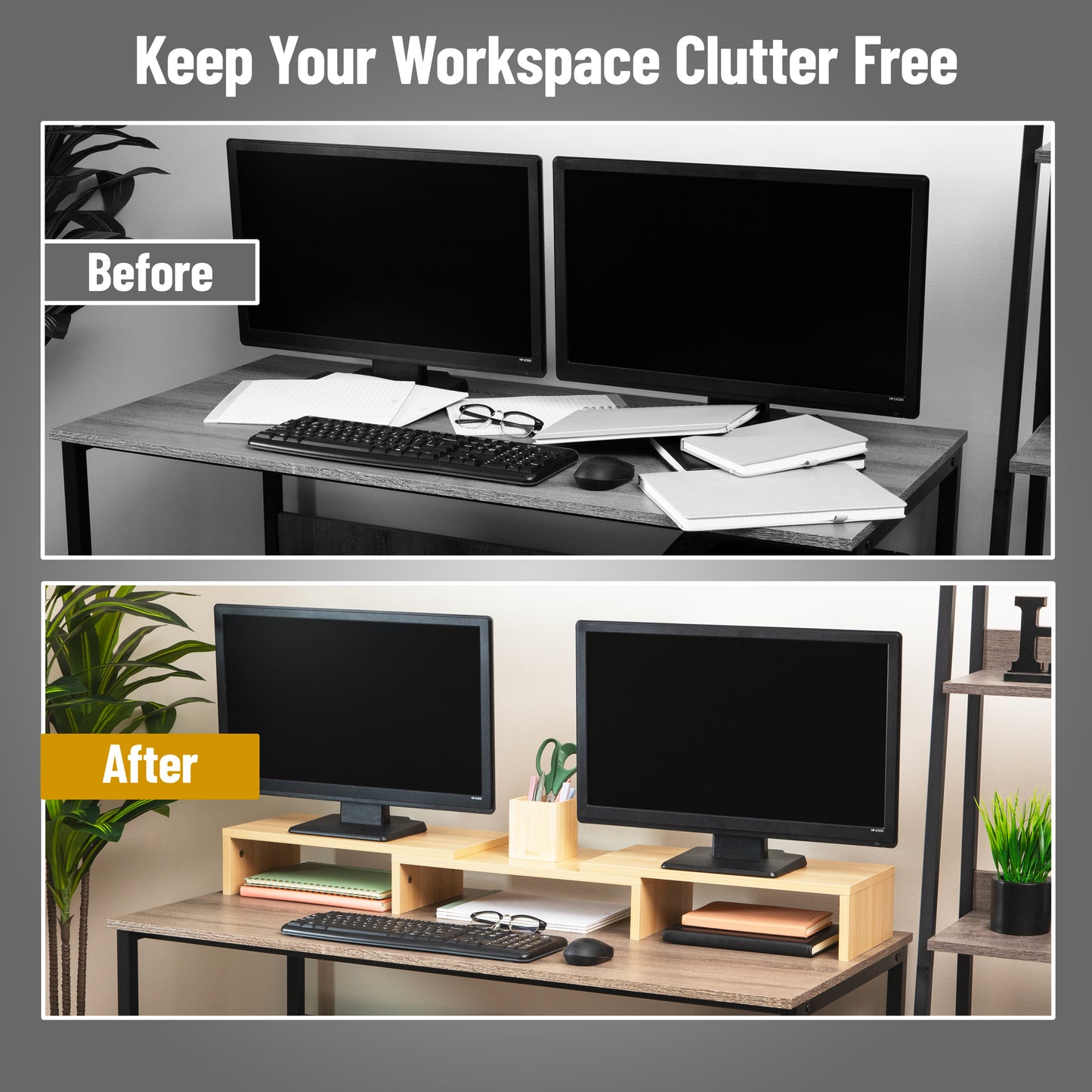Mind Reader Dual Monitor Stand, Adjustable MDF Desktop Riser for Laptop, Monitor, TV, Expands to 51.25" Wide, Office or Home