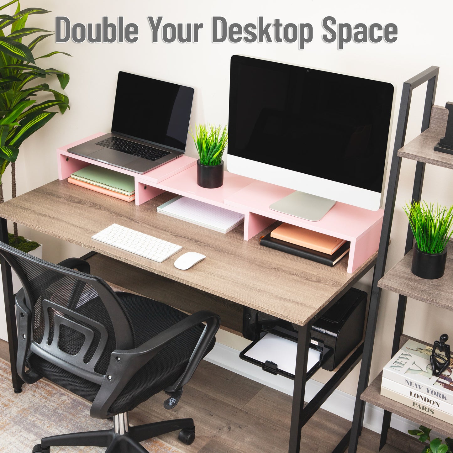 Mind Reader Dual Monitor Stand, Adjustable MDF Desktop Riser for Laptop, Monitor, TV, Expands to 51.25" Wide, Office or Home