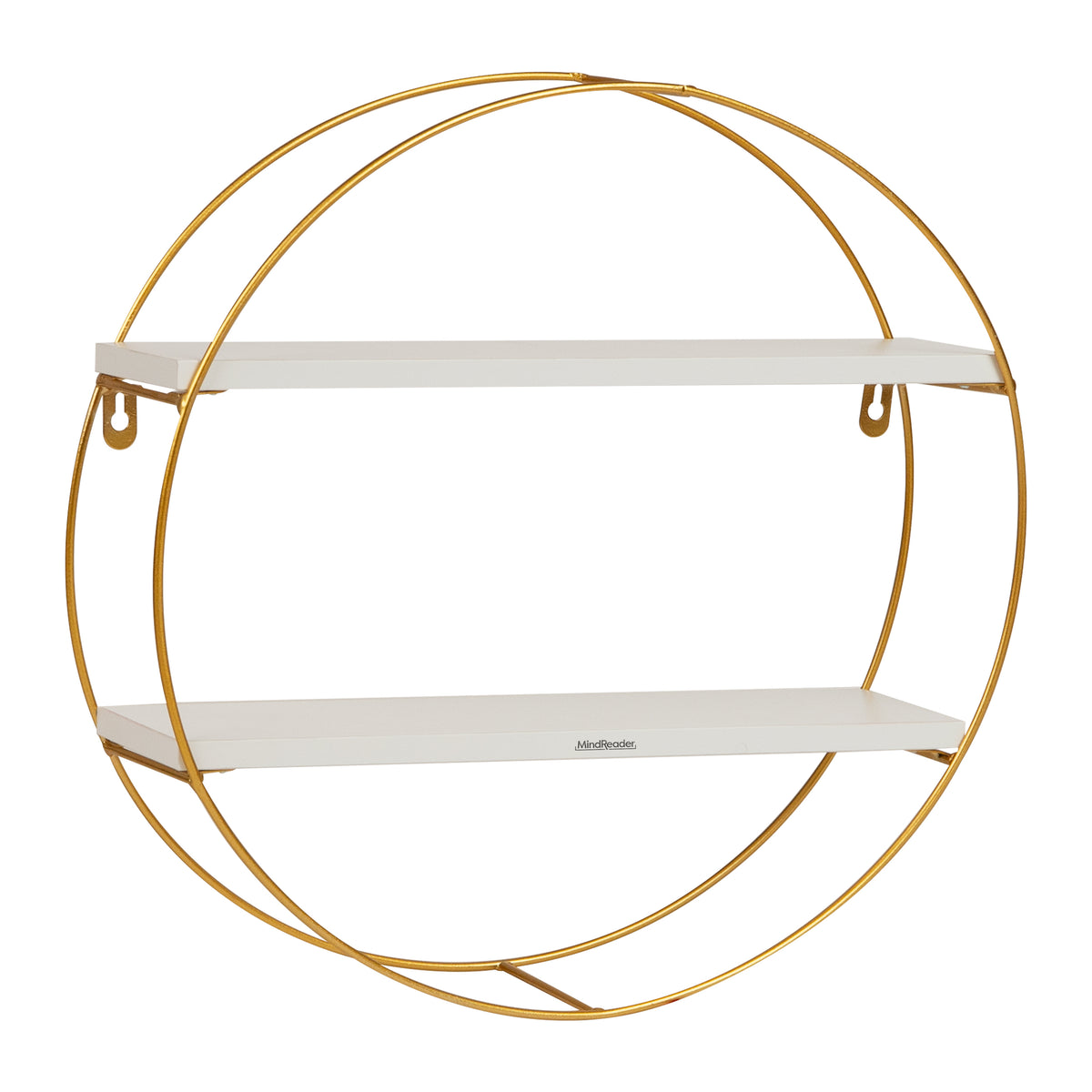 Mind Reader Floating Round Wall Shelves, Gold Metal Frame with Dual White Display Shelves, Decorative Wall-Mounted Organizer for Living Room, Office, or Bathroom, Metal. MDF, White