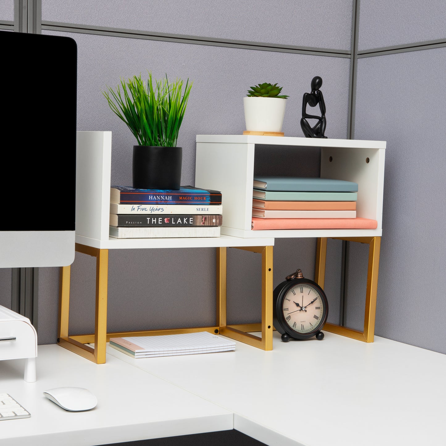 Mind Reader Desktop Bookshelf, 5-Compartment Organizer for Office Desk, Vanity, or Bathroom, Modern Storage Display, Metal. MDF, White