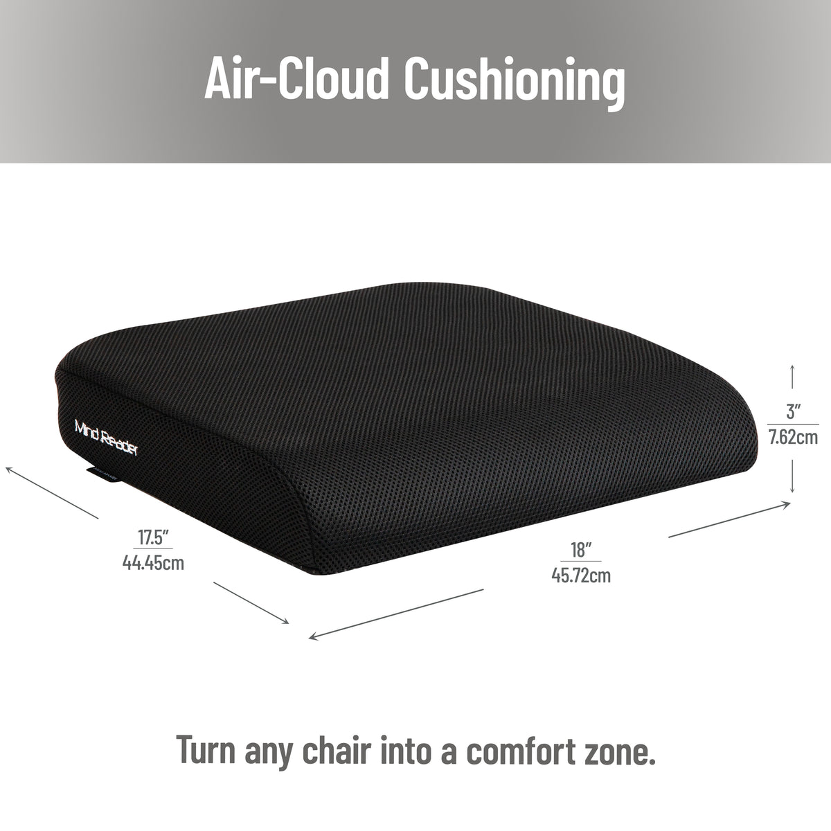 Mind Reader Memory Foam Seat Cushion, Ergonomic Pressure Relief for Office, Car, and More, Relieves Hip, Tailbone, Coccyx & Sciatica Pain, 18"L x 17.5"W x 3"H, Black