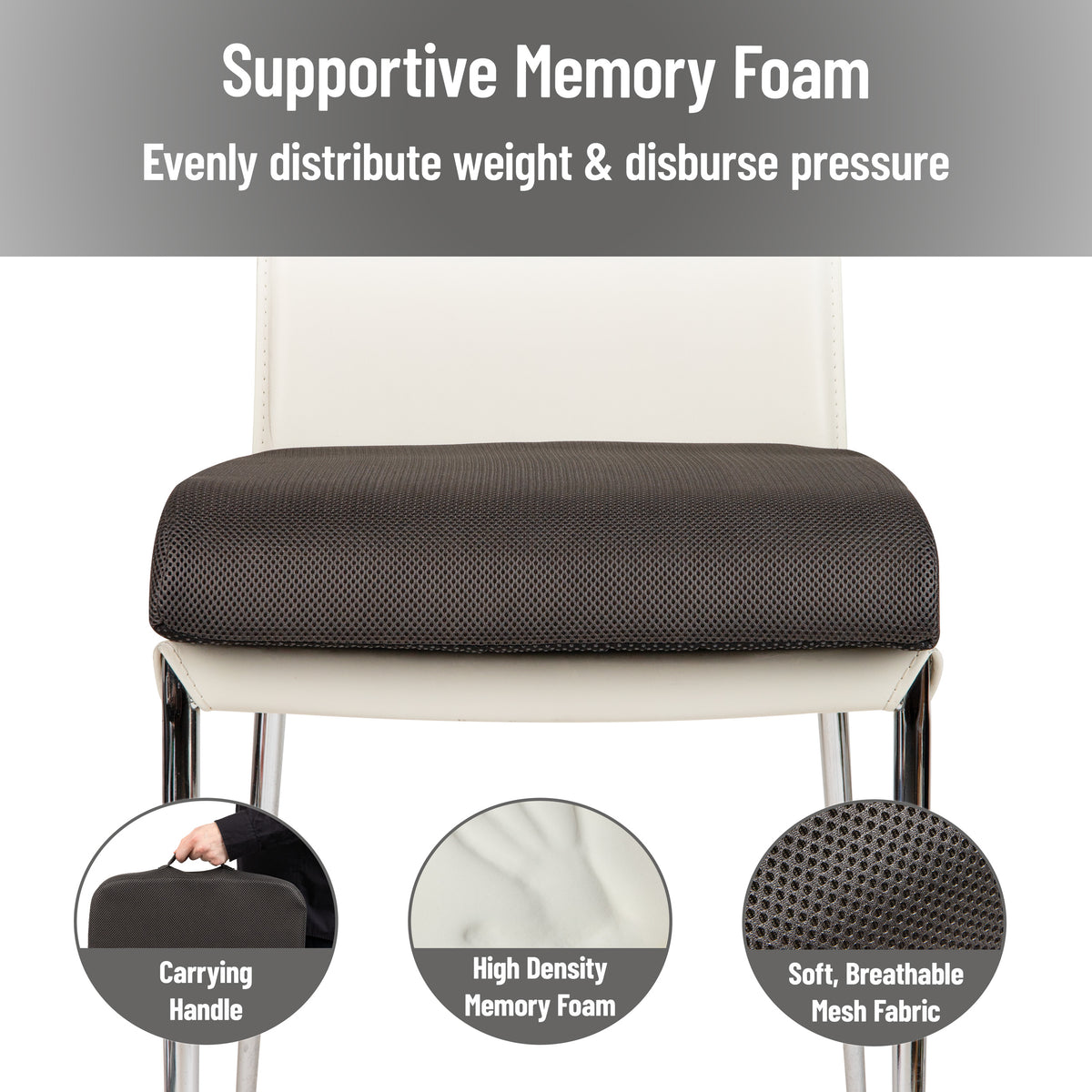 Mind Reader Memory Foam Seat Cushion, Ergonomic Pressure Relief for Office, Car, and More, Relieves Hip, Tailbone, Coccyx & Sciatica Pain, 18"L x 17.5"W x 3"H, Black