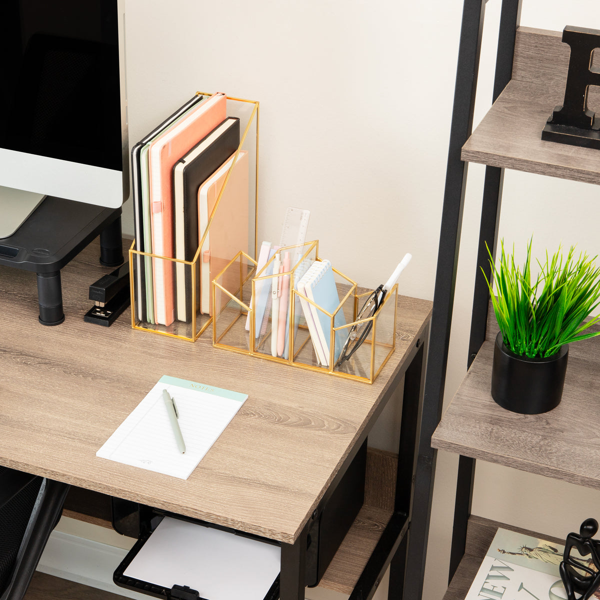 Mind Reader 4-Compartment Angled Glass Pen Holder with Copper Trim, Desktop Organizer for Office Supplies & Accessories, Glass and Copper, Clear
