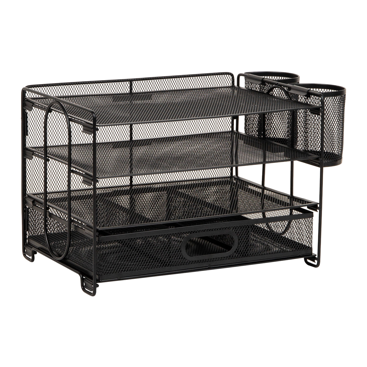 Mind Reader Mesh Desk Organizer, 3 Trays, 1 Drawer, 2 Pen Holders, Office Desktop Organizer, Metal Mesh, Black