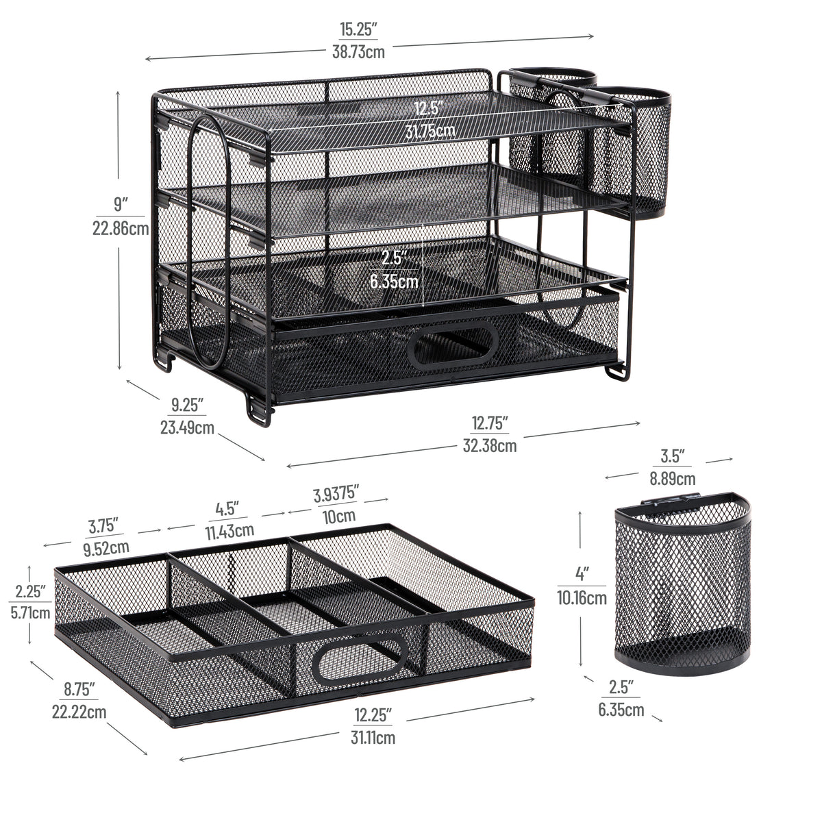 Mind Reader Mesh Desk Organizer, 3 Trays, 1 Drawer, 2 Pen Holders, Office Desktop Organizer, Metal Mesh, Black