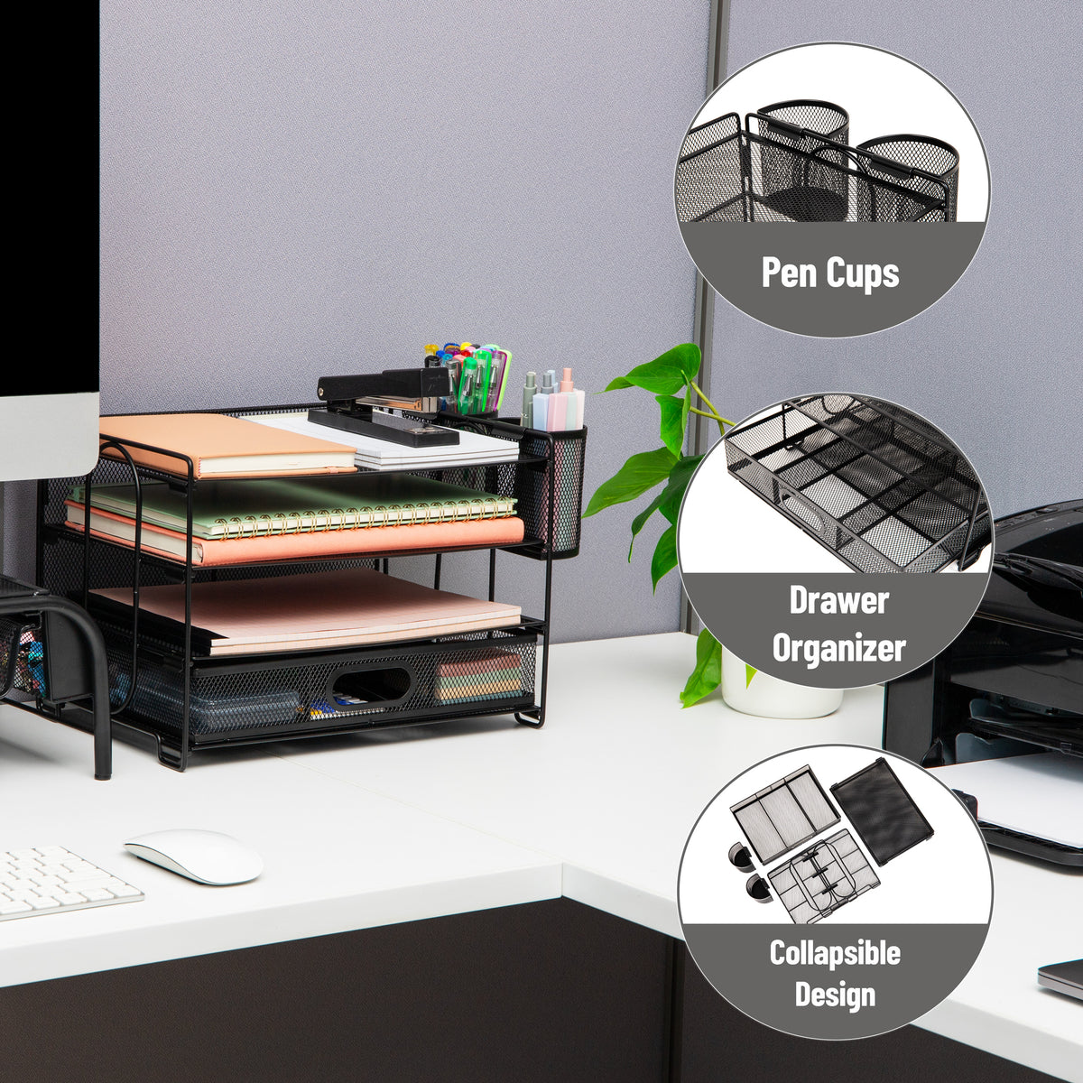 Mind Reader Mesh Desk Organizer, 3 Trays, 1 Drawer, 2 Pen Holders, Office Desktop Organizer, Metal Mesh, Black