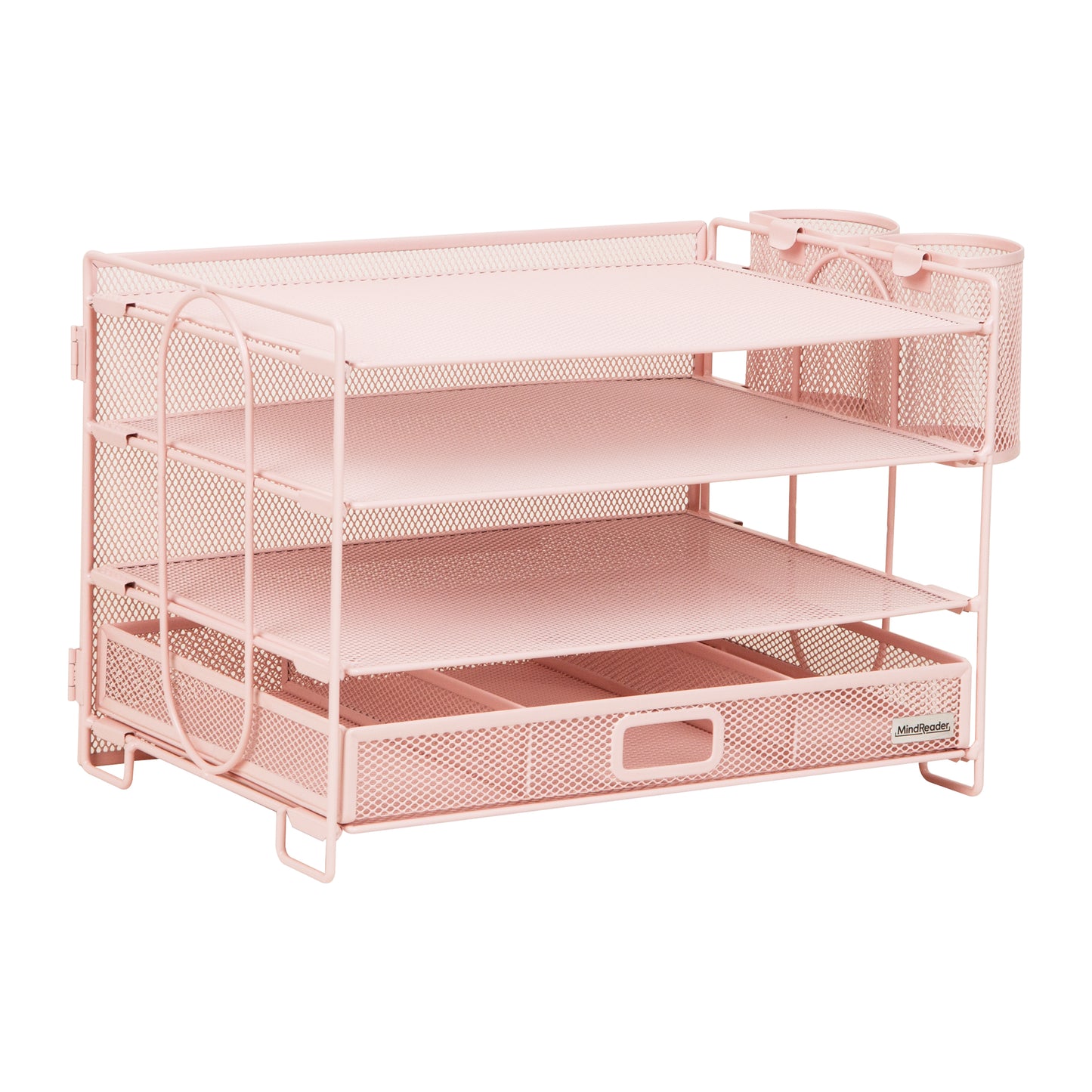 Mind Reader Mesh Desk Organizer, 3 Trays, 1 Drawer, 2 Pen Holders, Office Desktop Organizer, Metal Mesh, Pink