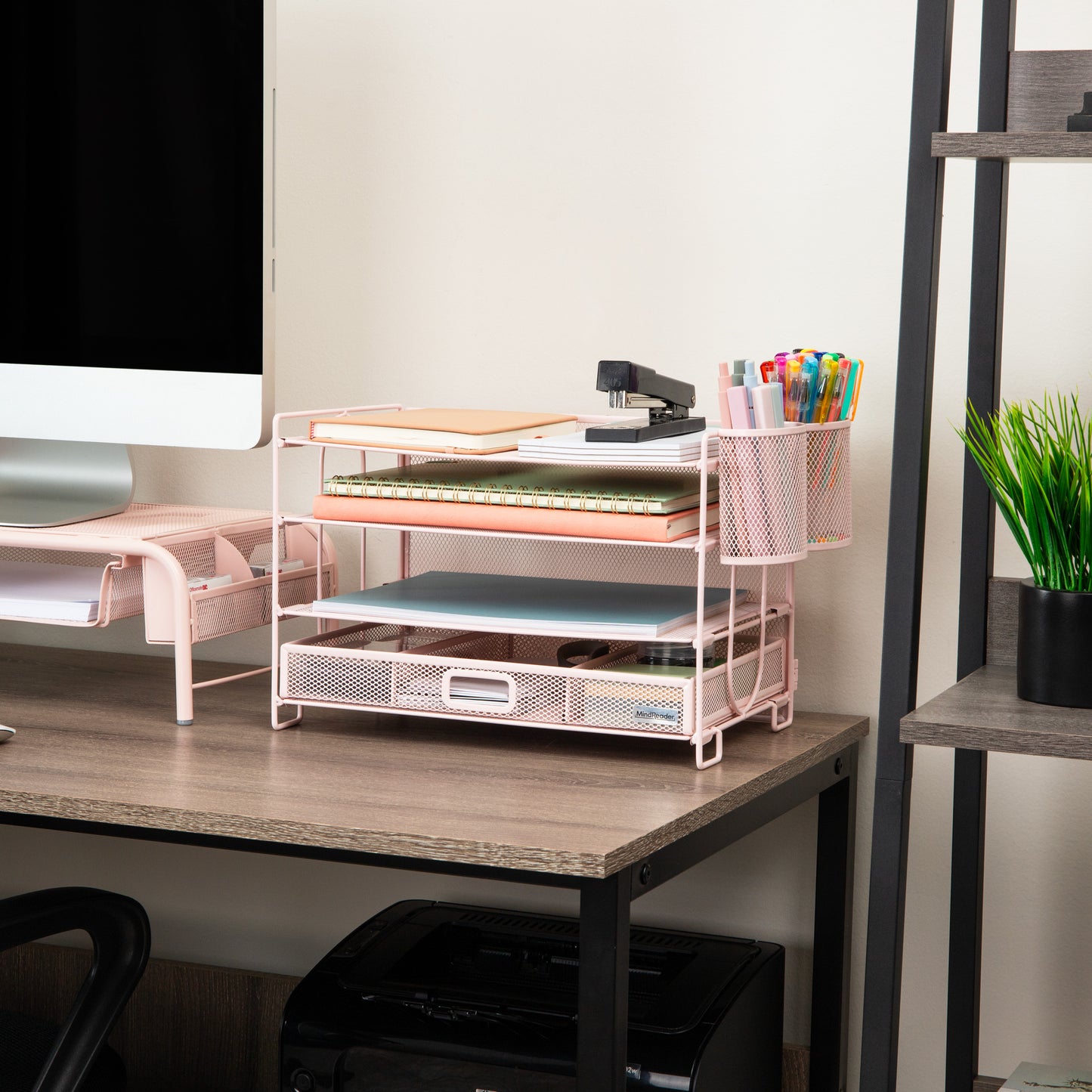 Mind Reader Mesh Desk Organizer, 3 Trays, 1 Drawer, 2 Pen Holders, Office Desktop Organizer, Metal Mesh, Pink