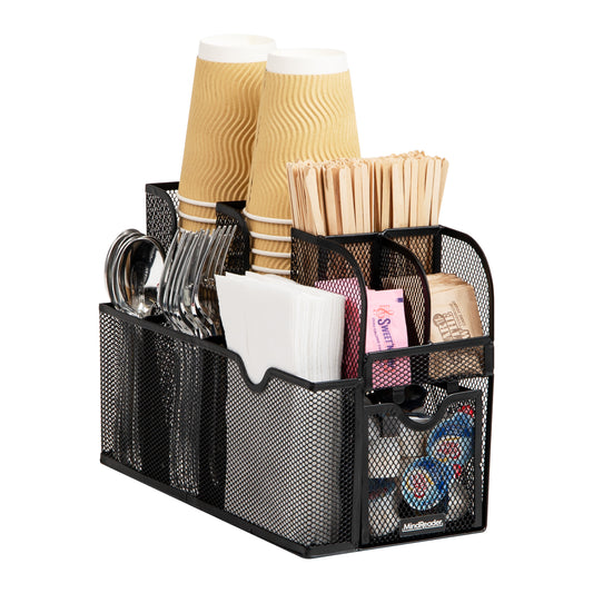Mind Reader Countertop Organizer, Office Breakroom or Desktop Storage, 10-Compartment Caddy, Metal Mesh, Black
