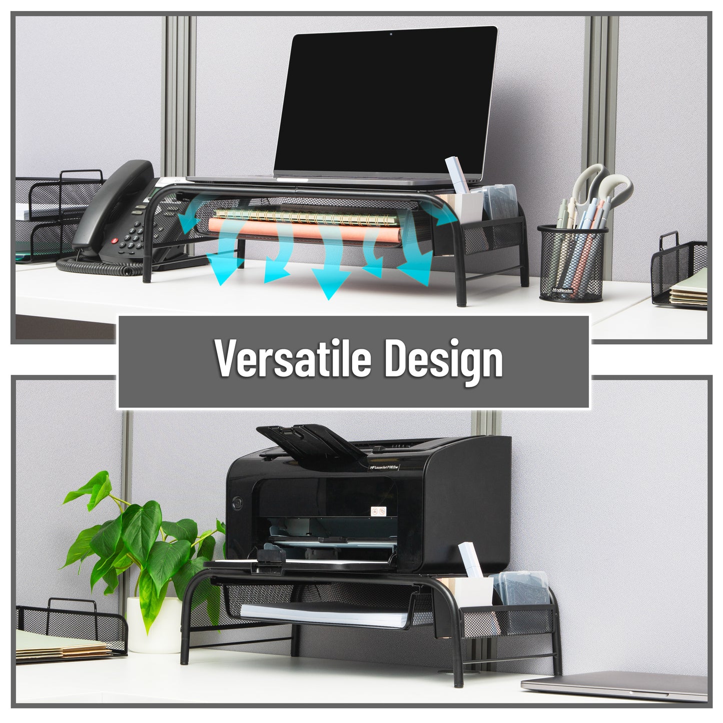 Mind Reader Monitor Stand, Ventilated Laptop Riser, Paper Tray, Storage, Office, Metal Mesh