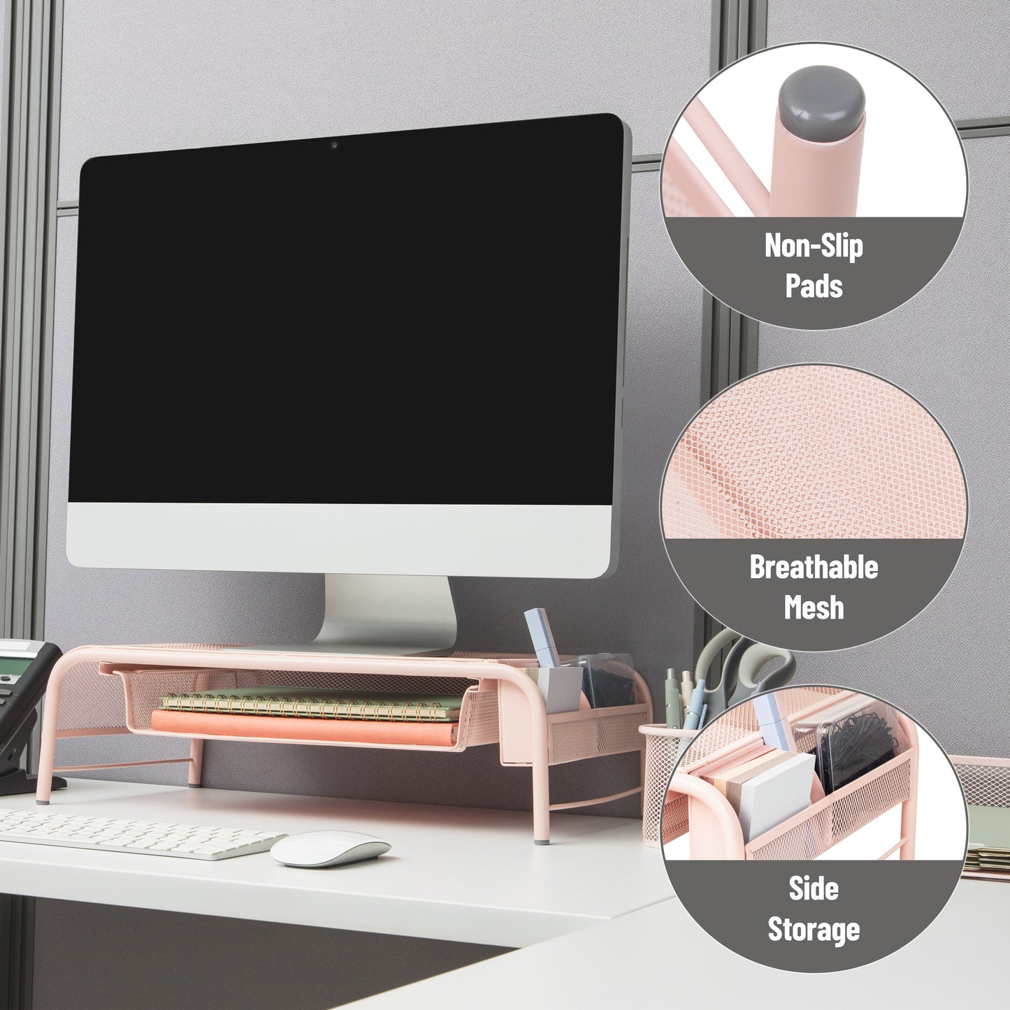 Mind Reader Monitor Stand, Ventilated Laptop Riser, Paper Tray, Storage, Office, Metal Mesh