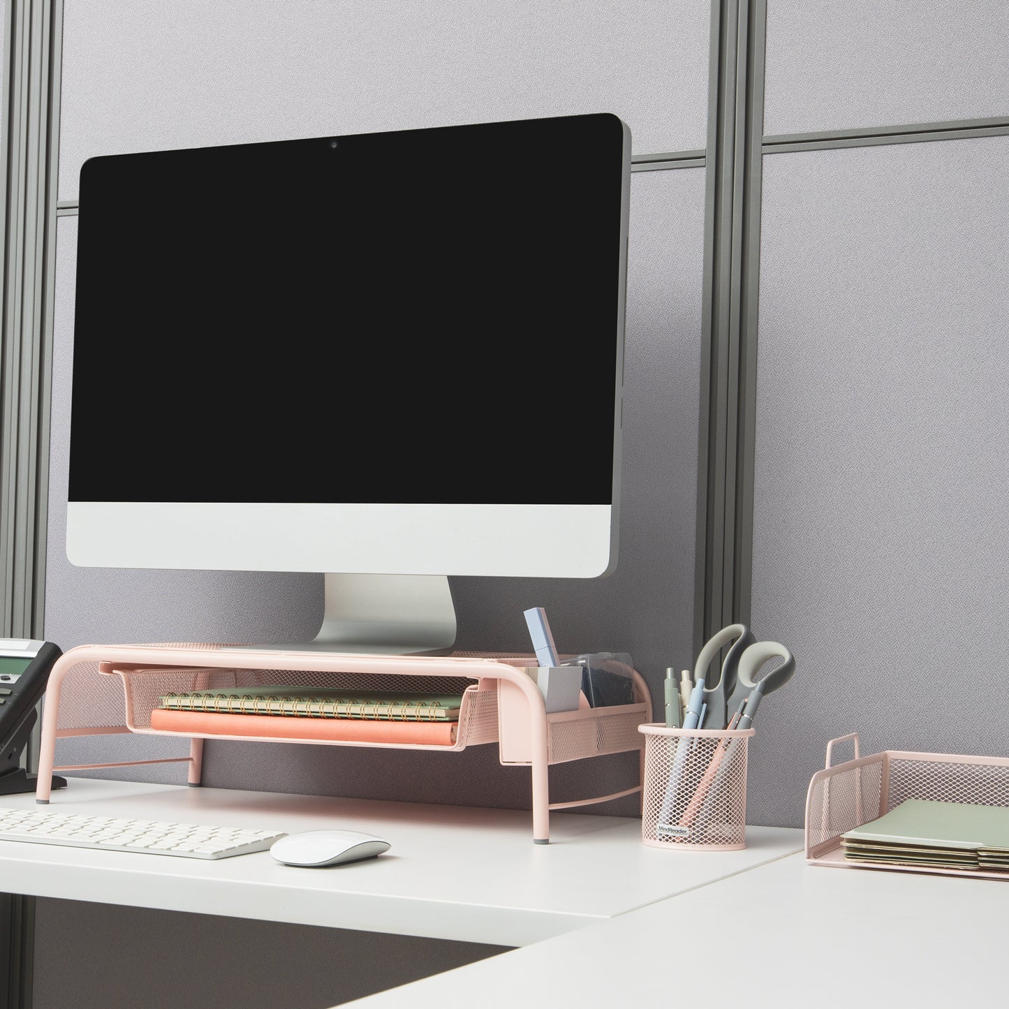 Mind Reader Monitor Stand, Ventilated Laptop Riser, Paper Tray, Storage, Office, Metal Mesh