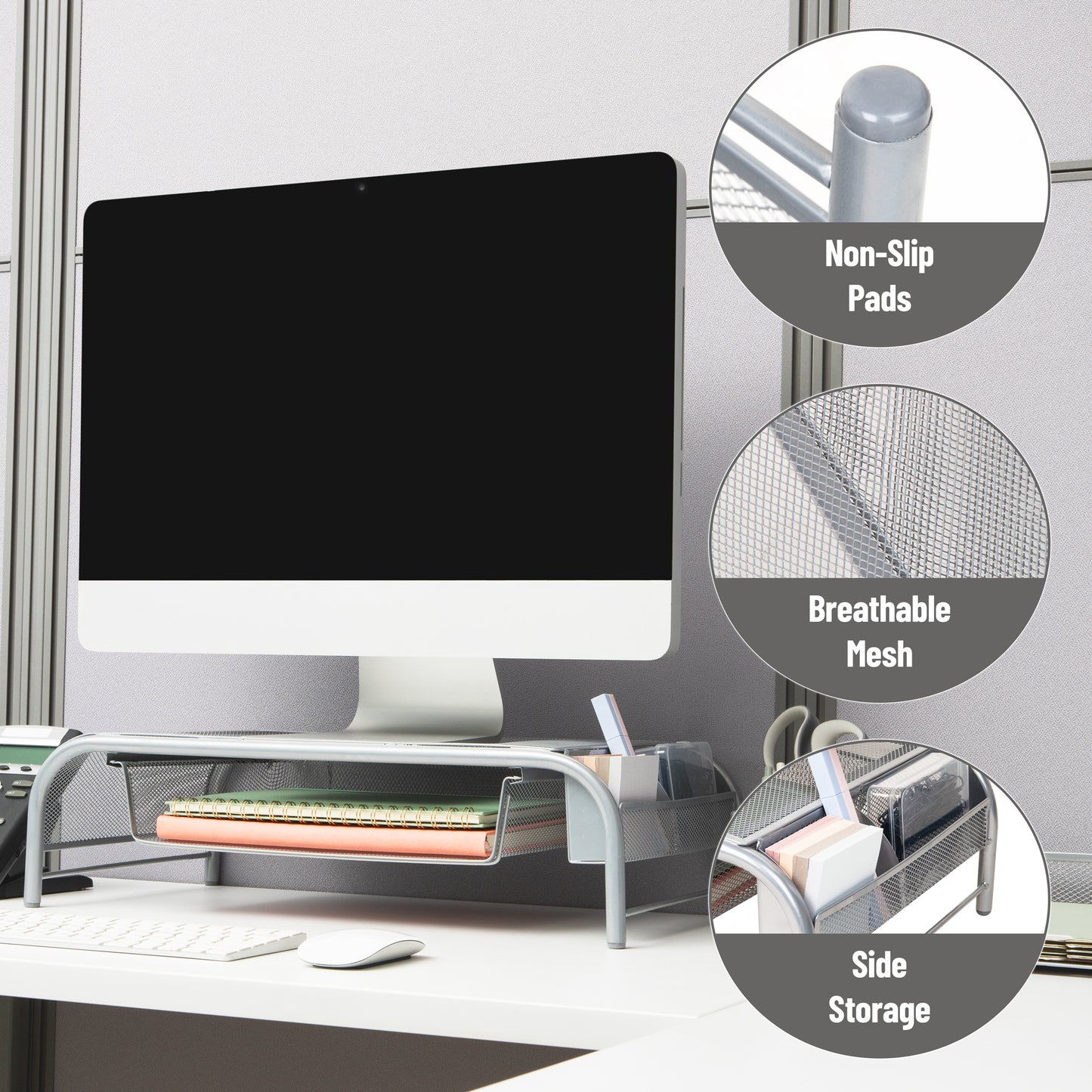 Mind Reader Monitor Stand, Ventilated Laptop Riser, Paper Tray, Storage, Office, Metal Mesh