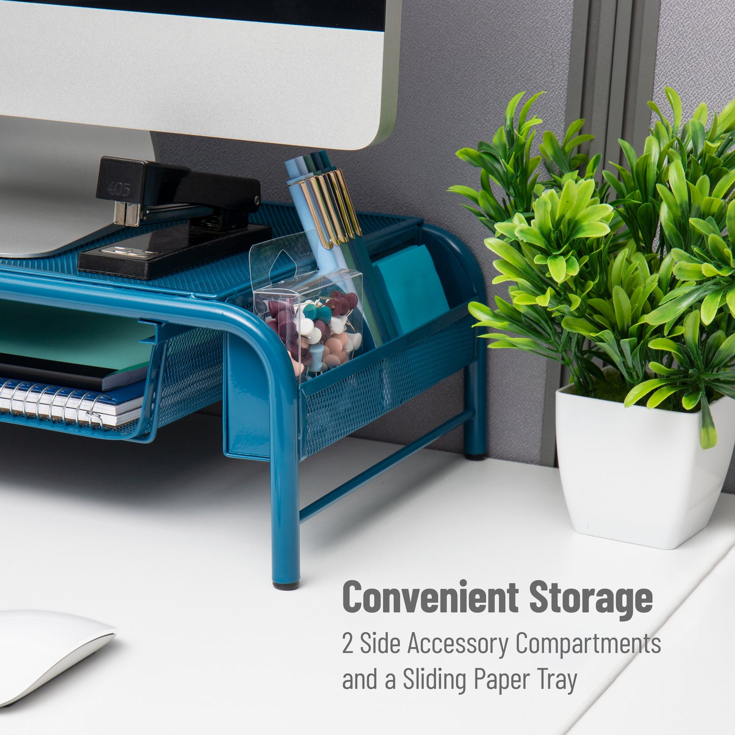 Mind Reader Monitor Stand, Ventilated Laptop Riser, Paper Tray, Storage, Office, Metal Mesh