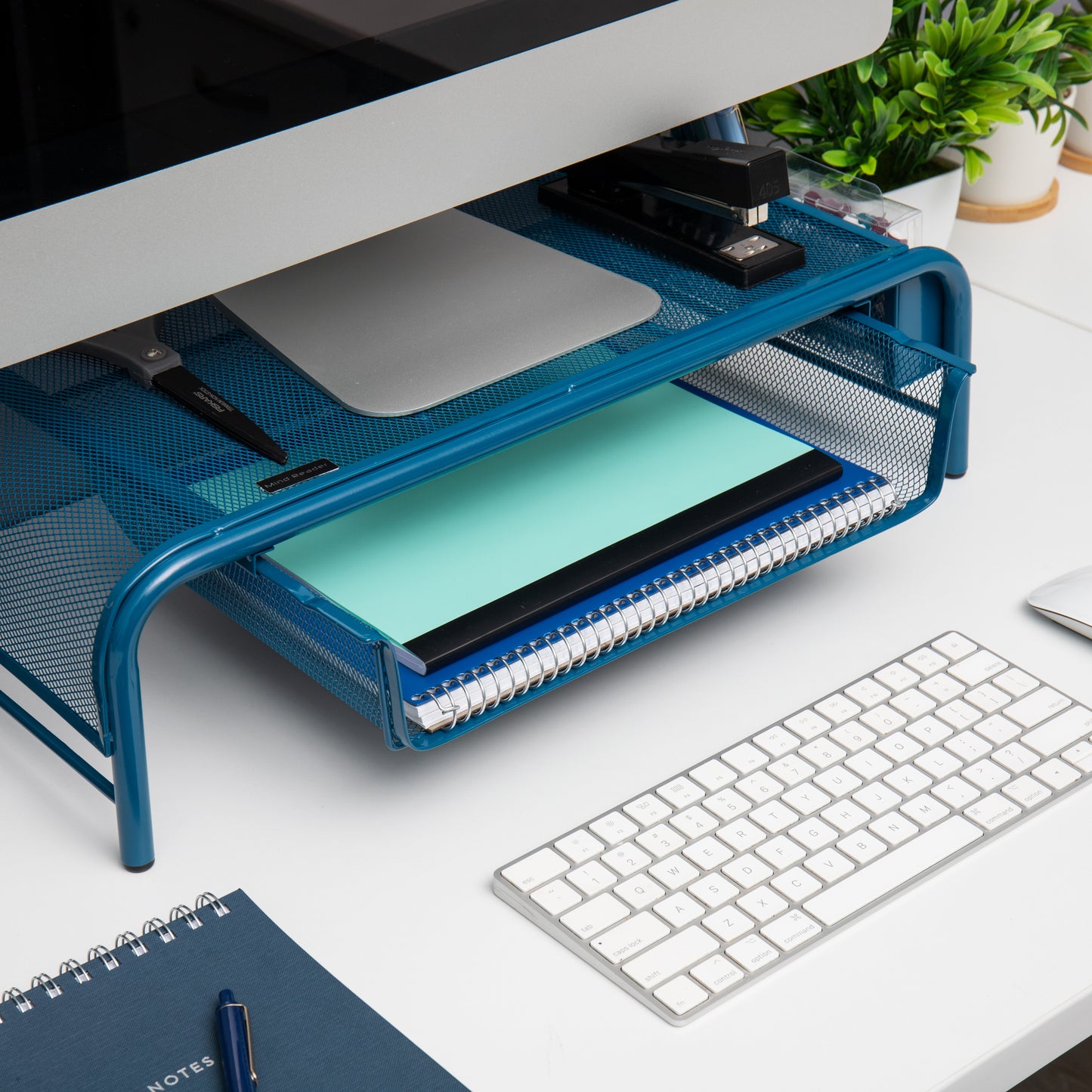 Mind Reader Monitor Stand, Ventilated Laptop Riser, Paper Tray, Storage, Office, Metal Mesh