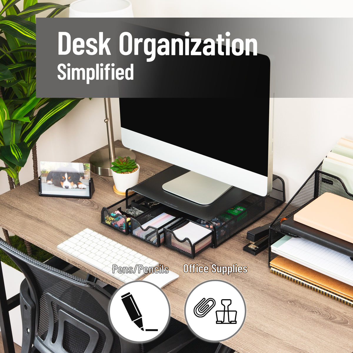 Mind Reader Monitor Stand with Drawers, Ventilated Metal Mesh Laptop Riser, Desktop Organizer with Storage, Holds up to 22 lbs, Black