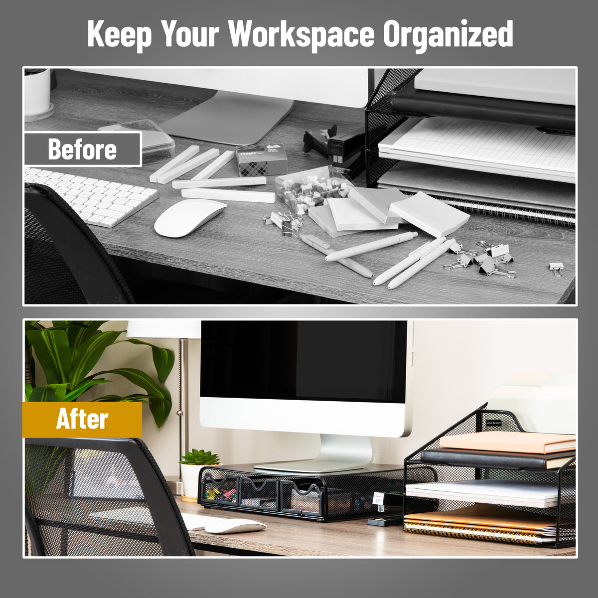 Mind Reader Monitor Stand with Drawers, Ventilated Metal Mesh Laptop Riser, Desktop Organizer with Storage, Holds up to 22 lbs, Black
