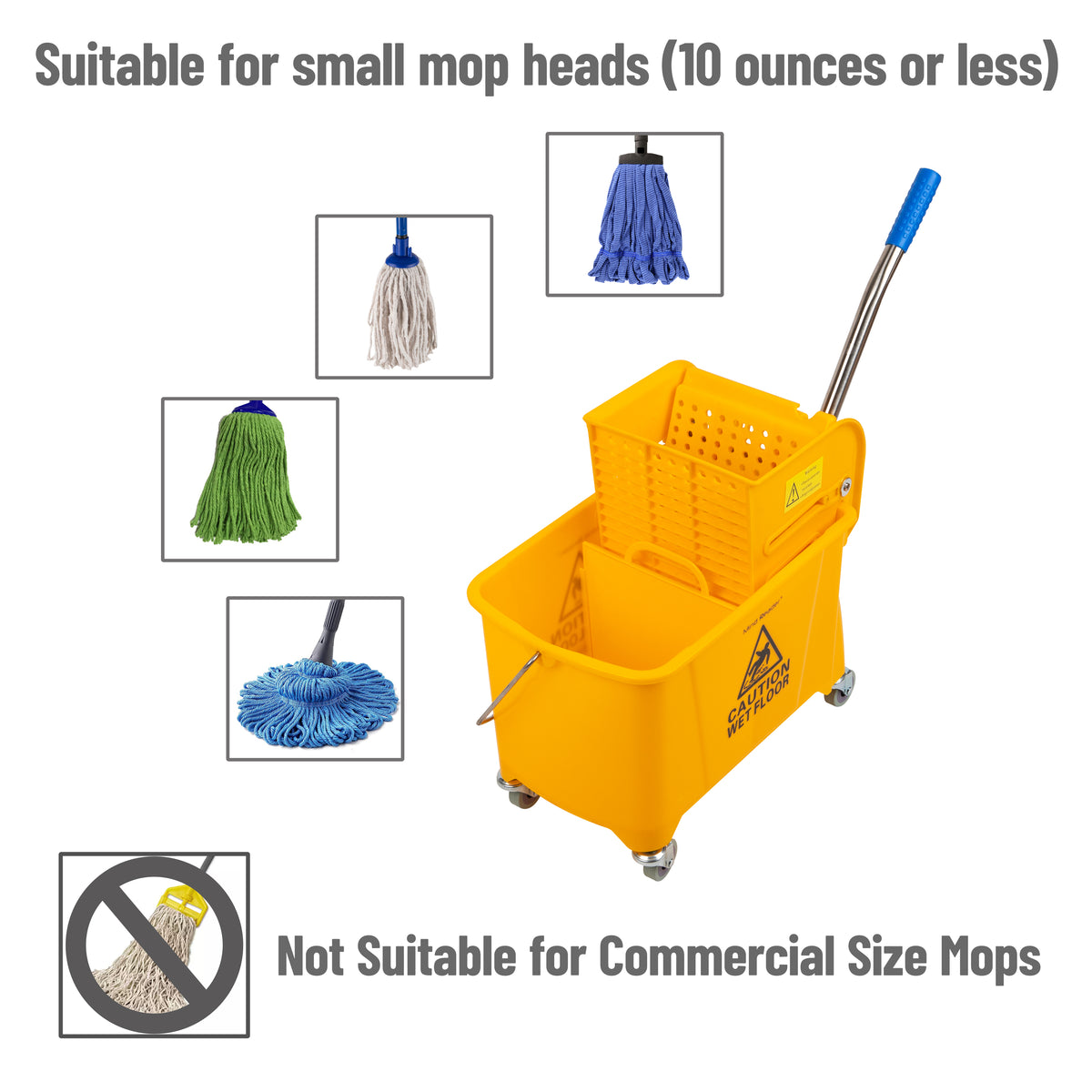 Mind Reader Mop Bucket with Wringer, 22 Qt (5.5 Gallon), Floor Cleaning, Handle, Wheels, 16.25"L x 10.75"W x 24.5"H, Yellow