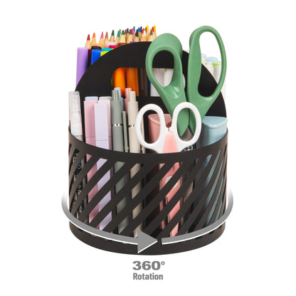 Mind Reader Round Metal Desktop Carousel Organizer with Handle, Four Compartments, Office Supplies and Accessories, Metal