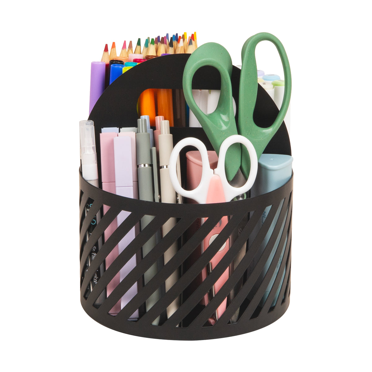 Mind Reader Round Metal Desktop Carousel Organizer with Handle, Four Compartments, Office Supplies and Accessories, Metal