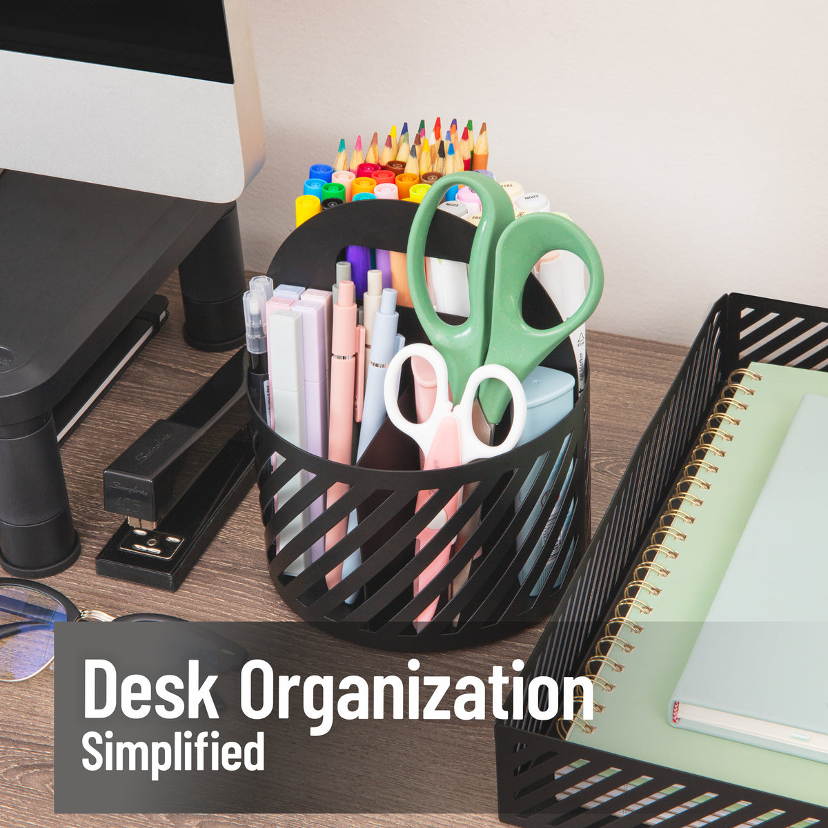 Mind Reader Round Metal Desktop Carousel Organizer with Handle, Four Compartments, Office Supplies and Accessories, Metal