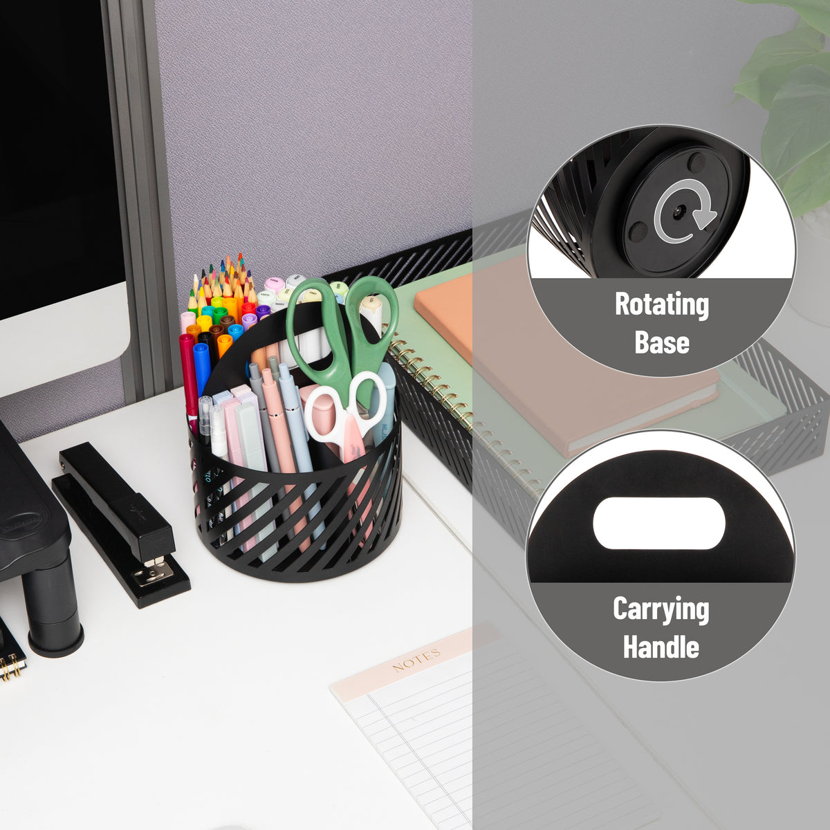 Mind Reader Round Metal Desktop Carousel Organizer with Handle, Four Compartments, Office Supplies and Accessories, Metal