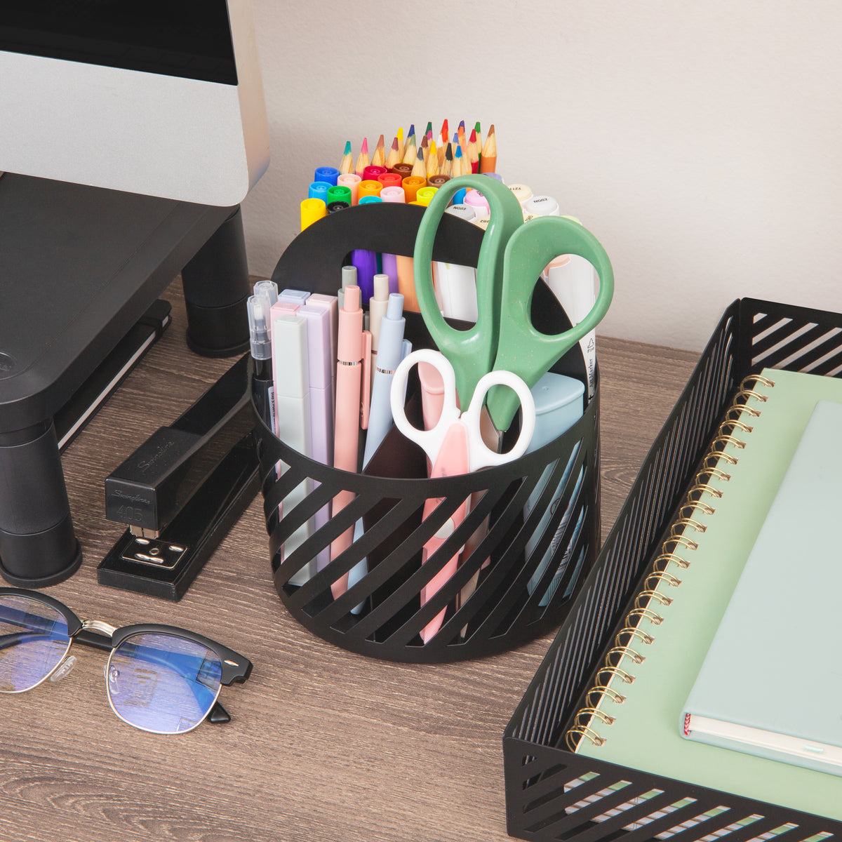 Mind Reader Round Metal Desktop Carousel Organizer with Handle, Four Compartments, Office Supplies and Accessories, Metal
