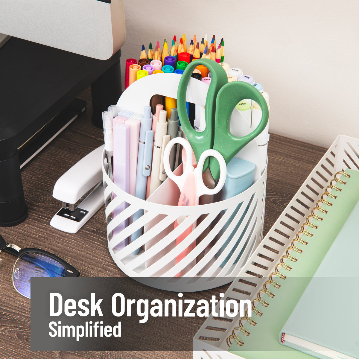 Mind Reader Round Metal Desktop Carousel Organizer with Handle, Four Compartments, Office Supplies and Accessories, Metal