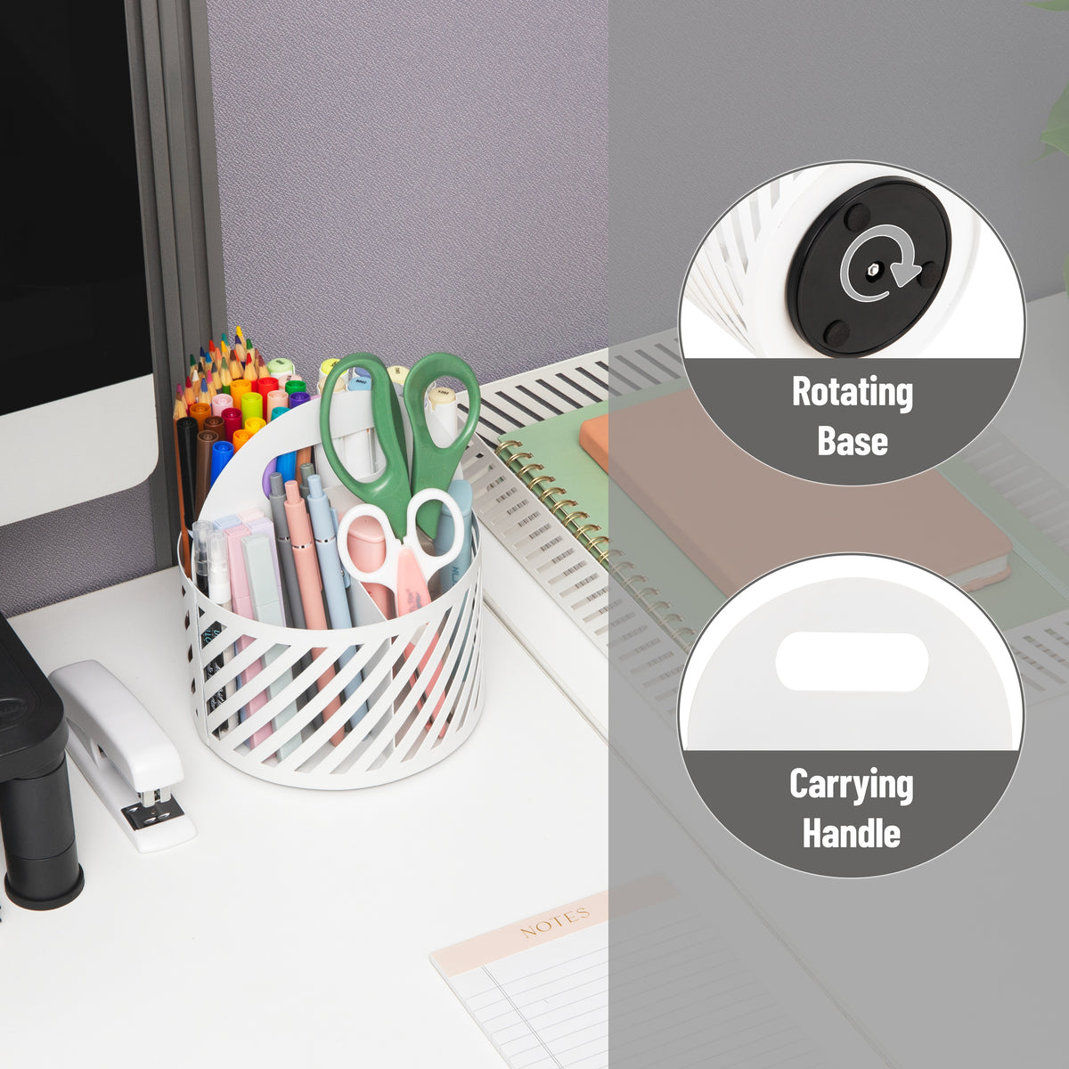 Mind Reader Round Metal Desktop Carousel Organizer with Handle, Four Compartments, Office Supplies and Accessories, Metal