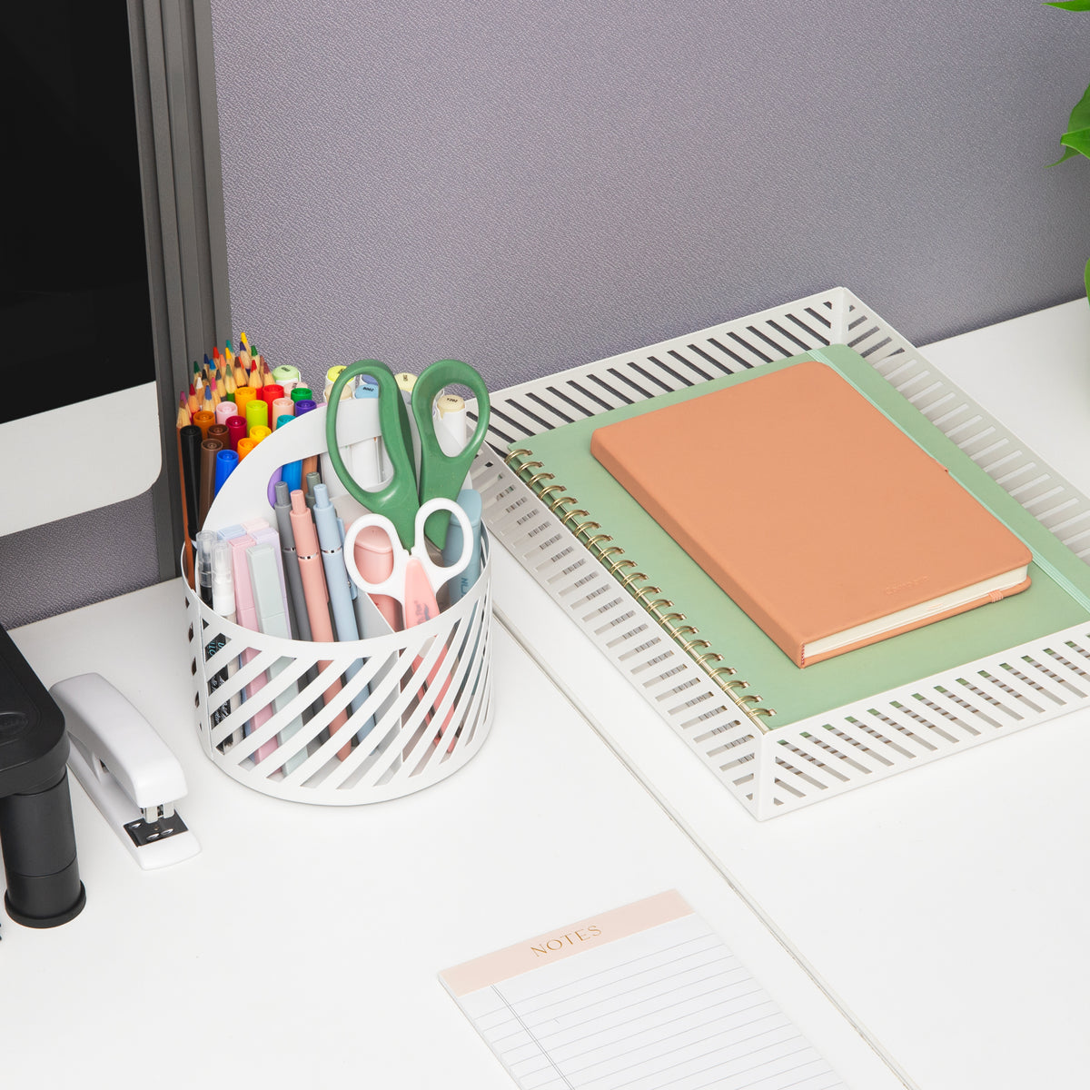 Mind Reader Round Metal Desktop Carousel Organizer with Handle, Four Compartments, Office Supplies and Accessories, Metal