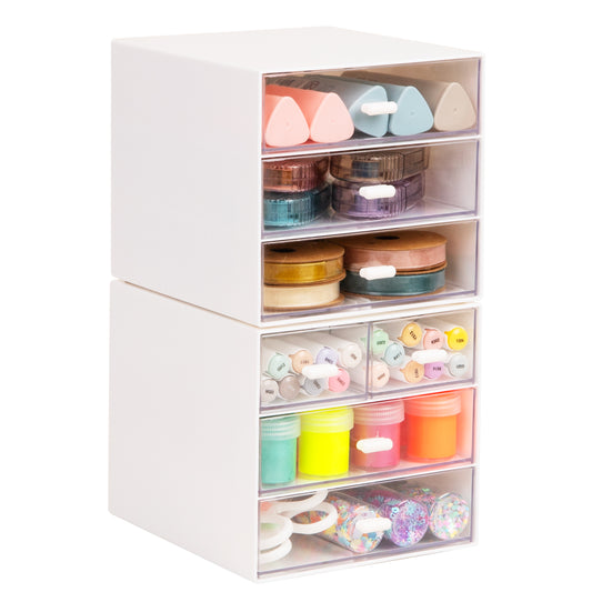 Mind Reader Stackable Craft Supply Organizer, 6 Drawer Desktop Storage with Clear Drawers, Plastic, Set of 2, White