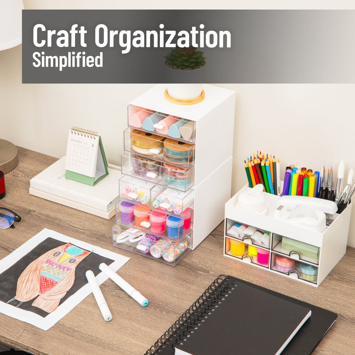 Mind Reader Stackable Craft Supply Organizer, 6 Drawer Desktop Storage with Clear Drawers, Plastic, Set of 2, White