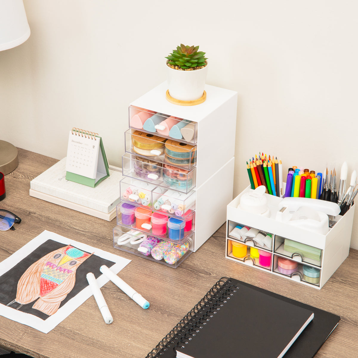 Mind Reader Stackable Craft Supply Organizer, 6 Drawer Desktop Storage with Clear Drawers, Plastic, Set of 2, White