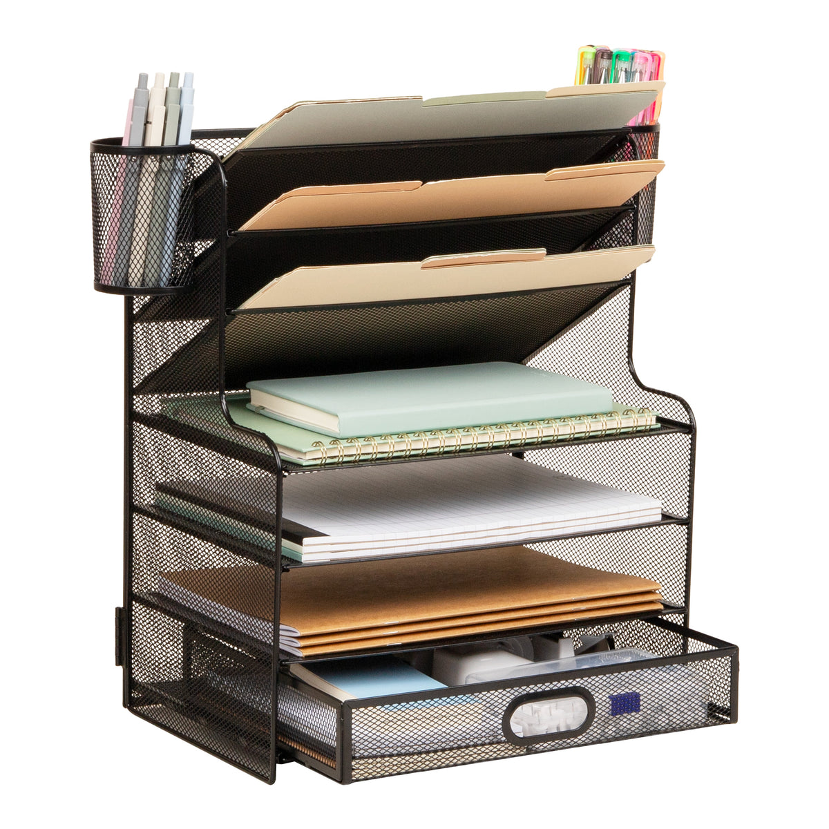 Mind Reader Mesh Desk Organizer, 6 Compartments, 1 Drawer, 2 Pen Cups, Office Desktop Organizer, Metal Mesh, Black