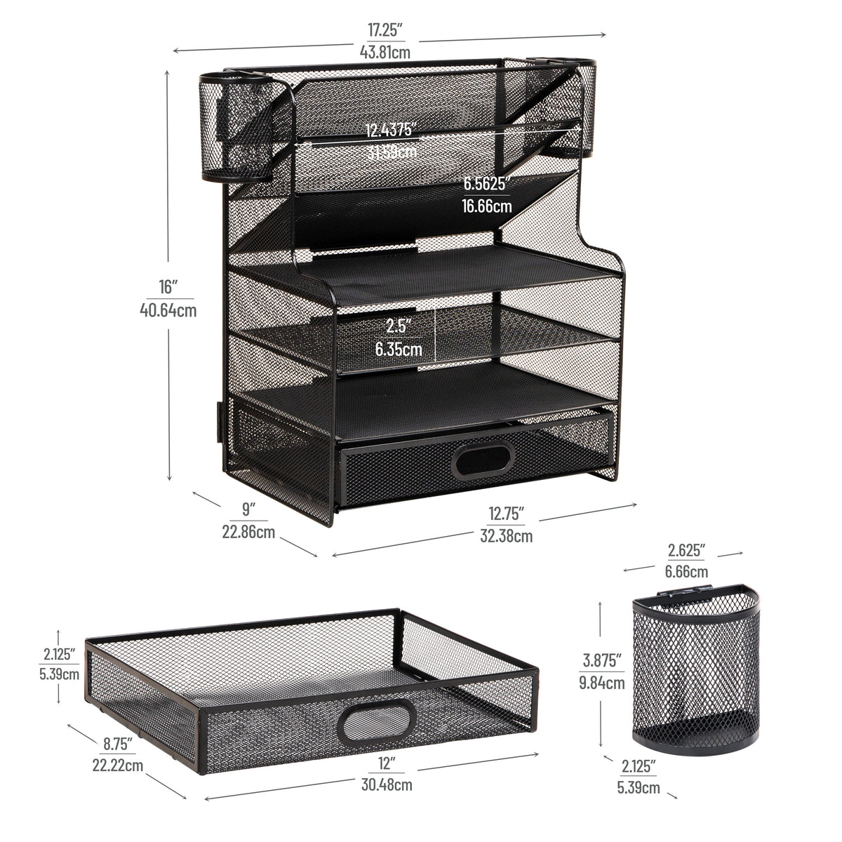 Mind Reader Mesh Desk Organizer, 6 Compartments, 1 Drawer, 2 Pen Cups, Office Desktop Organizer, Metal Mesh, Black