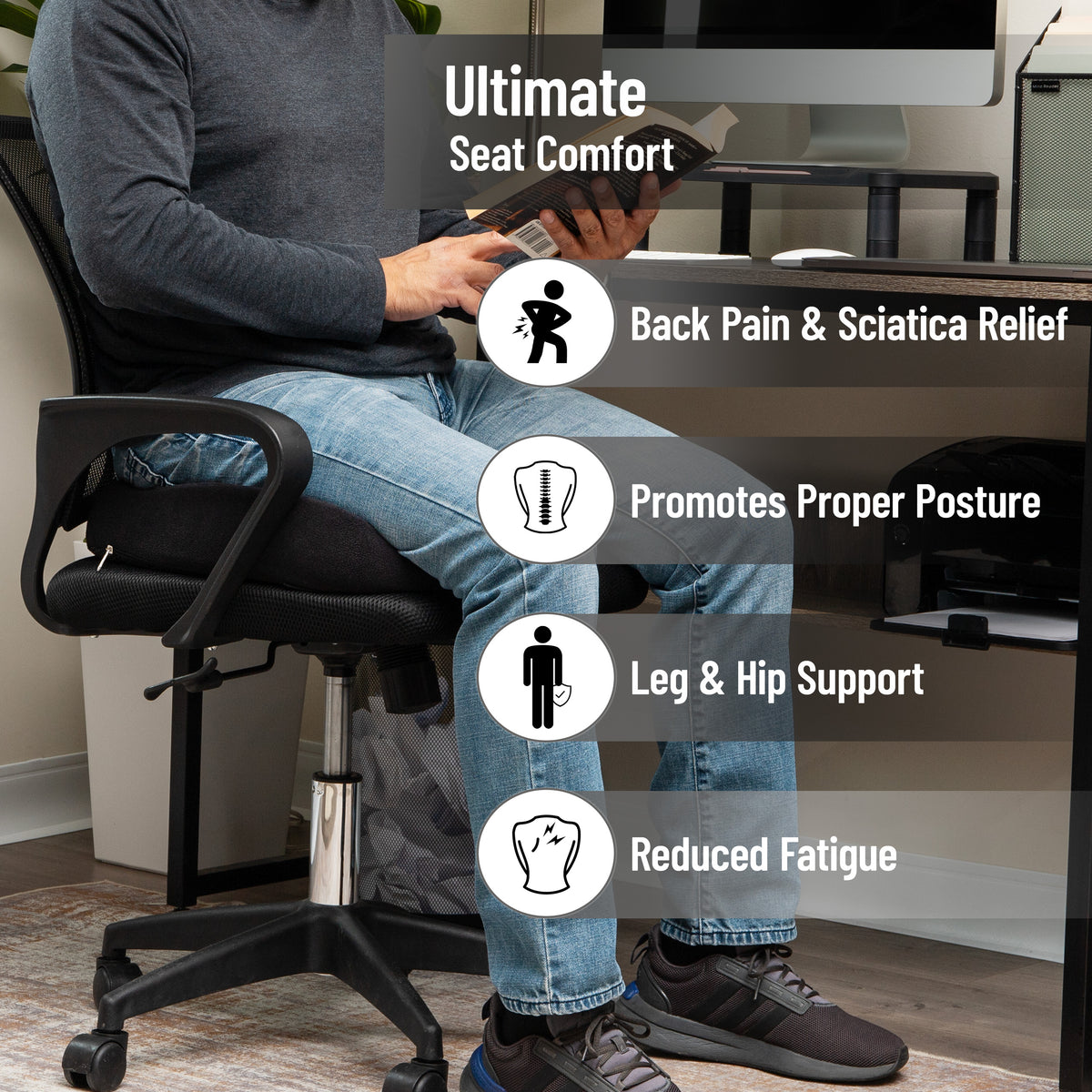 Mind Reader Memory Foam Seat Cushion, Ergonomic Pressure Relief for Office, Car, and More, Relieves Hip, Tailbone, Coccyx & Sciatica Pain, 18"L x 16.75"W x 4"H