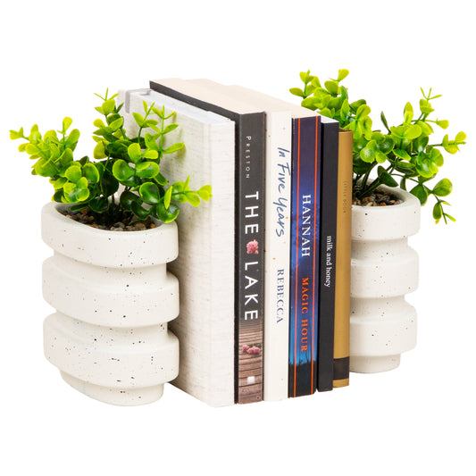 Mind Reader Ribbed Cement Planter Bookends, Faux Greenery for Shelves and Desk Decor, Set of 2, White