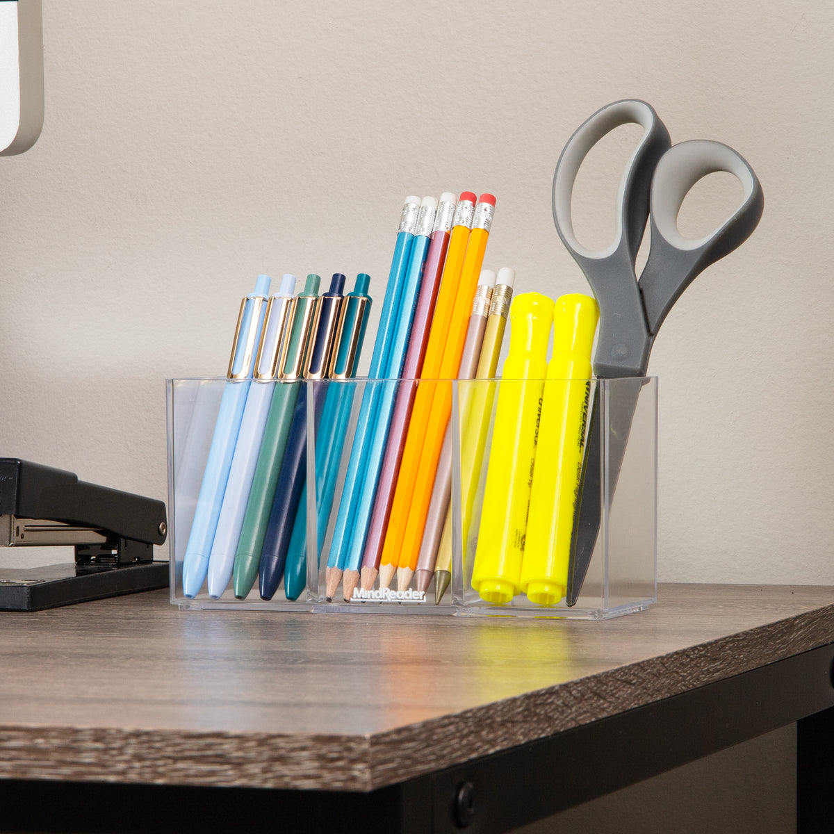 Mind Reader Pen and Accessories Holder, Desktop Organizer, Makeup Organizer, Office, Acrylic, 7"L x 2.5"W x 3.5"H, Set of 3, Clear