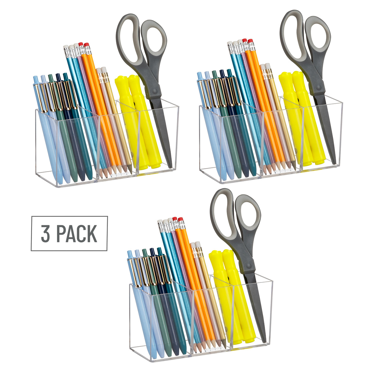 Mind Reader Pen and Accessories Holder, Desktop Organizer, Makeup Organizer, Office, Acrylic, 7"L x 2.5"W x 3.5"H, Set of 3, Clear