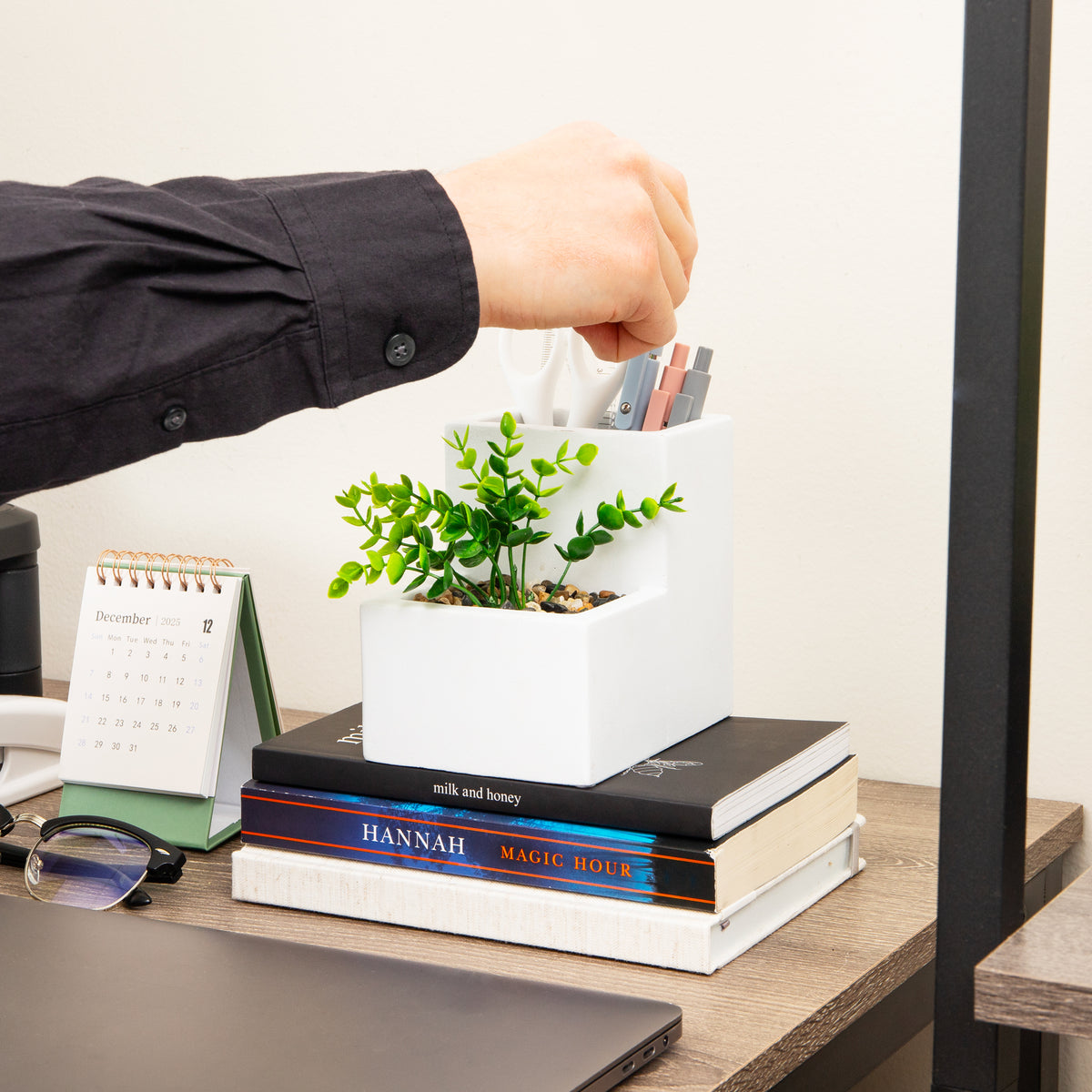 Mind Reader Ceramic Desktop Planter Pencil Cup, Desk Organizer with Faux Succulent, White