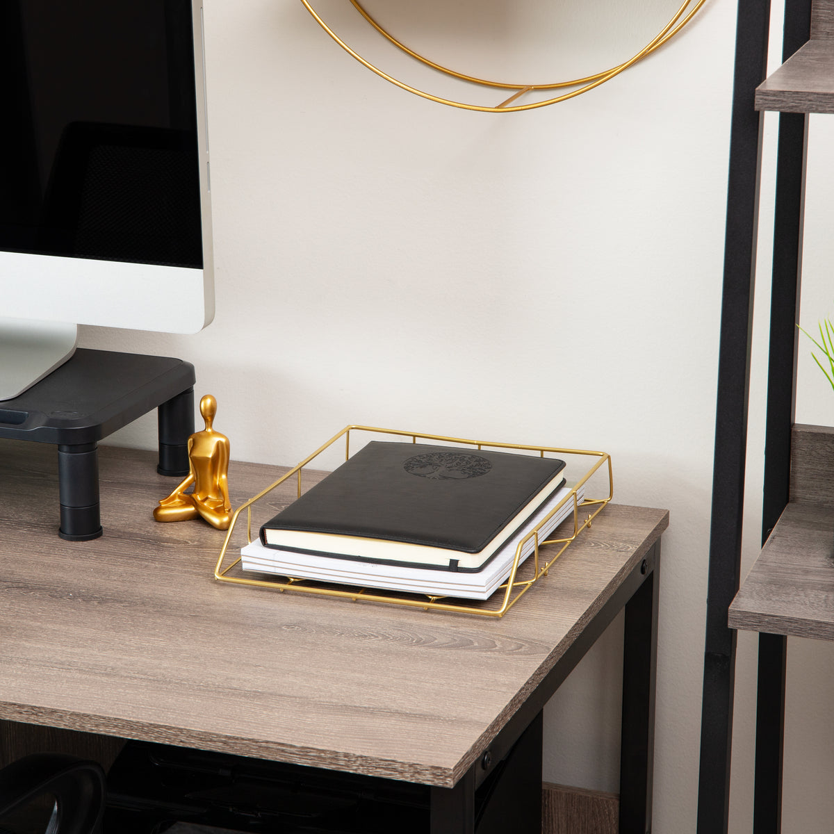 Mind Reader Gold Geometric Paper Tray, Modern Organizer for Documents, Folders, and Office Supplies, Durable and Stylish, Metal, 10"L x 12.25"W x 2"H, Gold